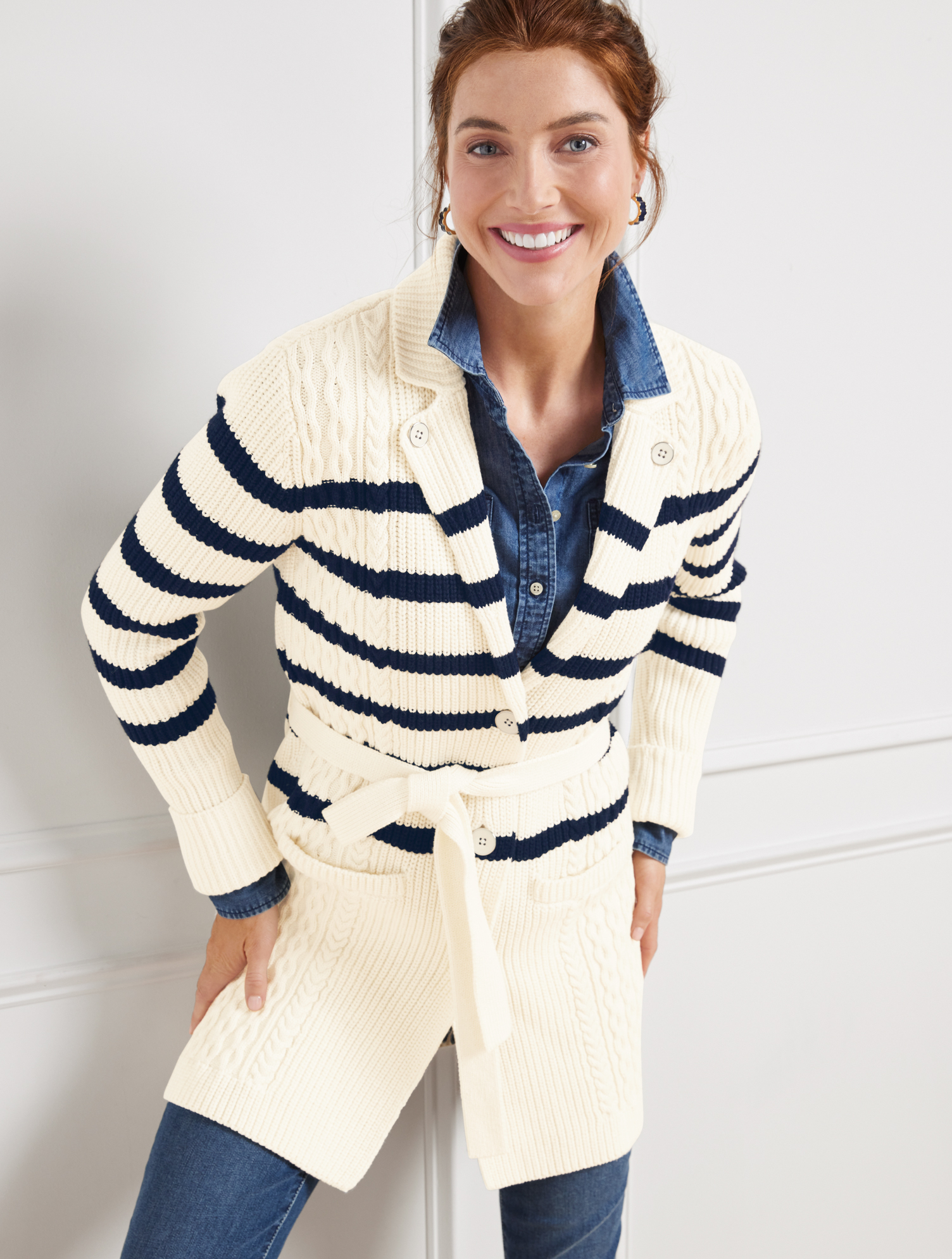 Talbots Stripe Cable Stitch Trench Cardigan Sweater - Ivory/indigo - Xl  In Ivory,indigo