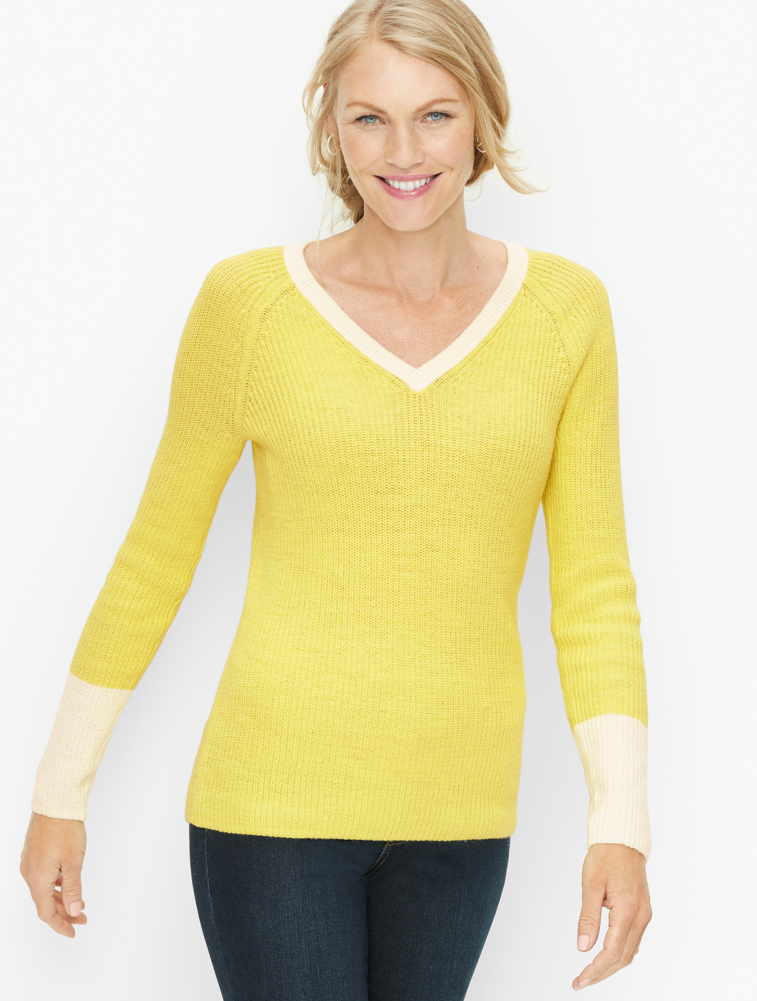 Talbots Petite - V-neck Pullover Sweater - Tipped - Yellow Chiffon - Xl