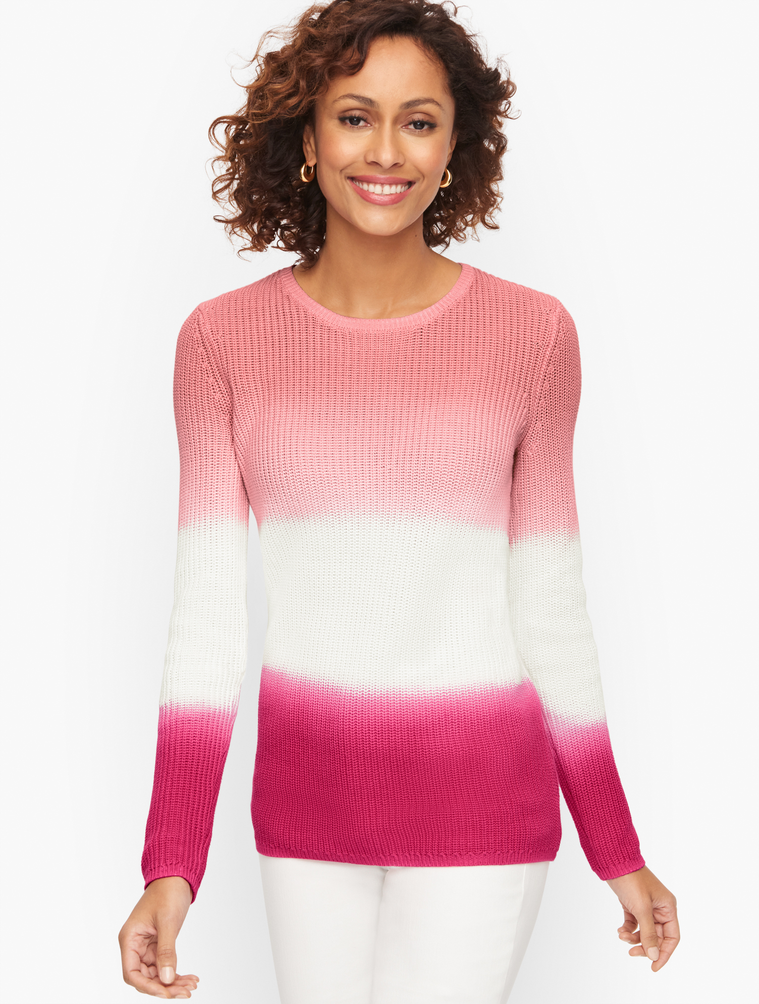 Talbots Petite - Shaker Stitch Sweater - Ombrã© Dip Dye - Punch Pink - Large - 100% Cotton