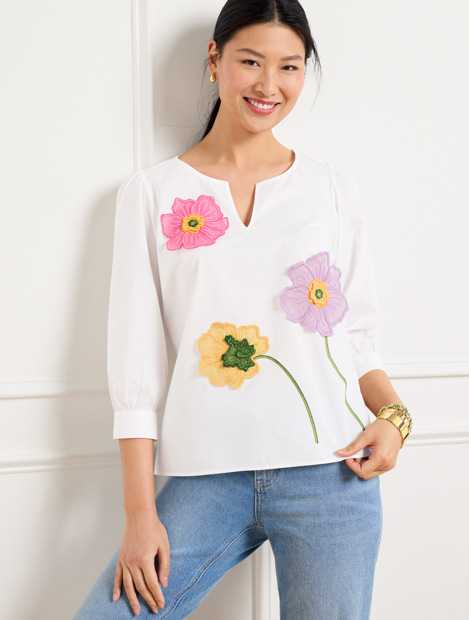 TALBOTS MISSES - FLORAL EMBROIDERED POPLIN TOP - WHITE - LARGE - 100% COTTON TALBOTS