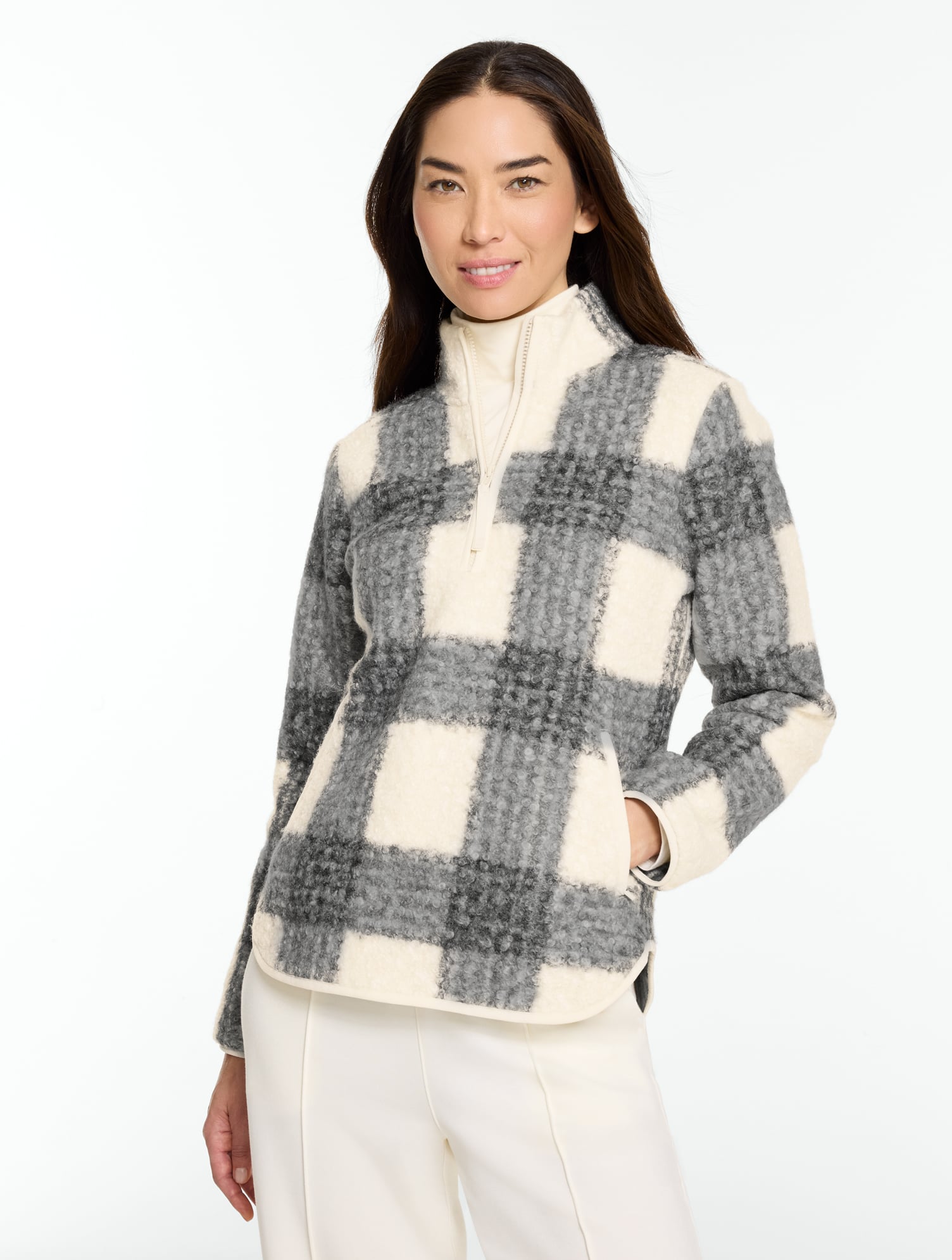 Brushed Knit Half-Zip Pullover - Poised Plaid