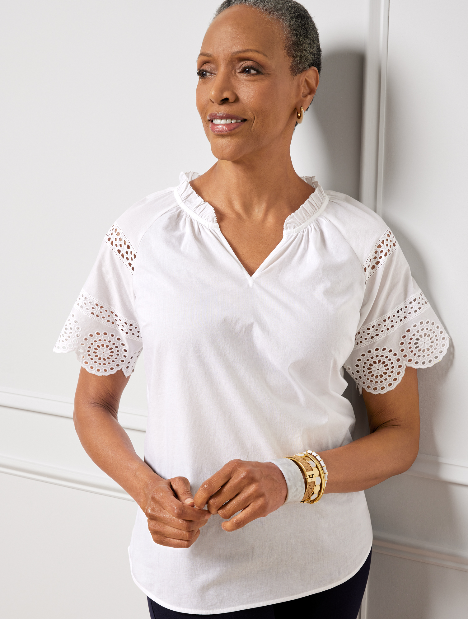 Talbots Embroidered Sleeve Top - White - 2x - 100% Cotton
