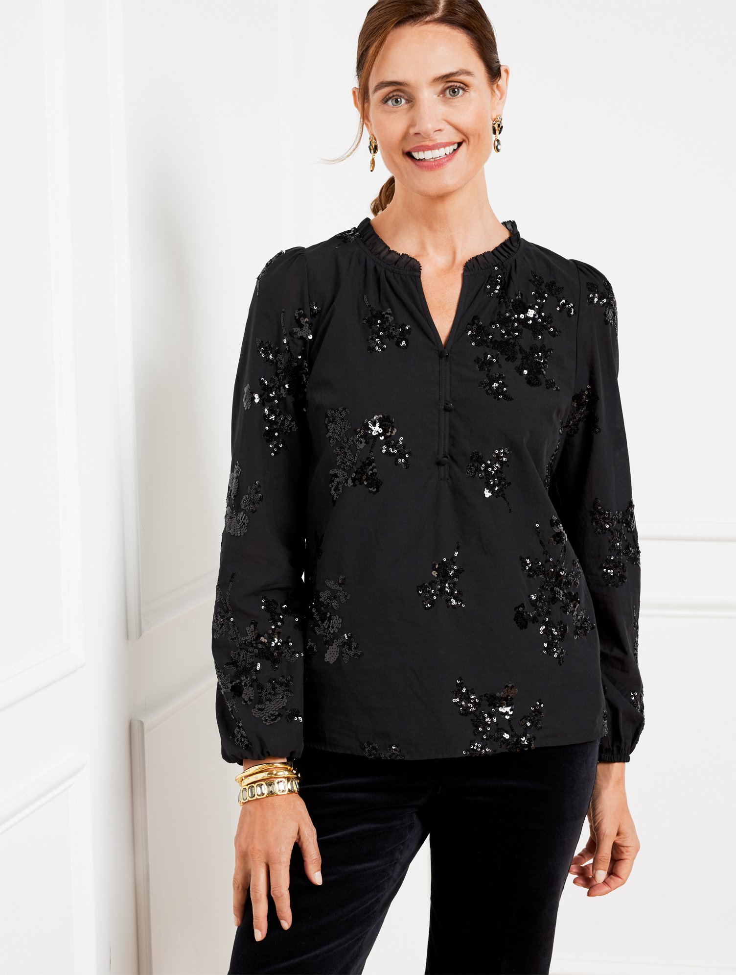 Talbots Misses - Sequin Embellished Top - Black - Xs - 100% Cotton  In Black