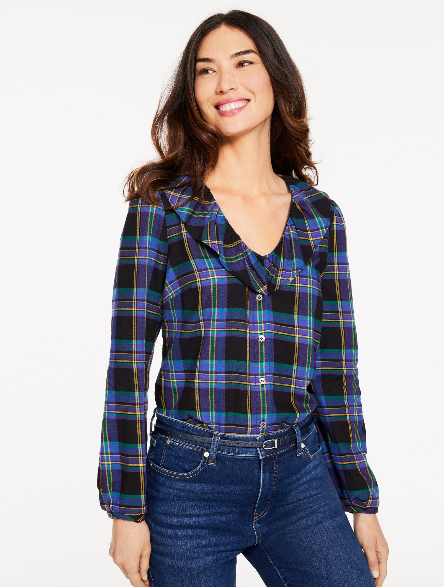 Talbots Plus Size - Ruffle Button Front Top - Wishful Plaid - Black - 1x - 100% Cotton In Blue