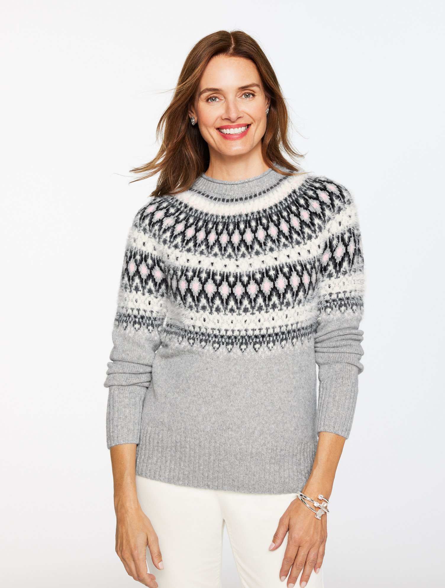 Talbots Plus Petite - Crewneck Sweater - Persian Fair Isle - Grey Sky Heather - X In Gray