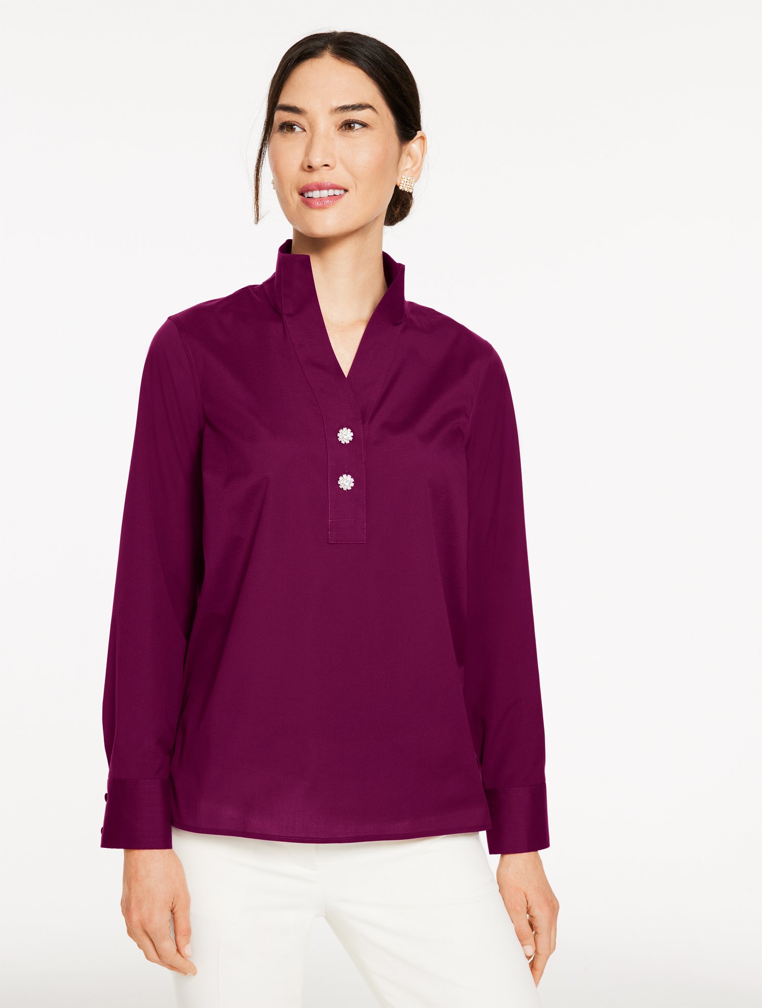 Talbots Plus Petite - Rhinestone Non-iron Popover Shirt - Pretty Plum - 1x In Burgundy