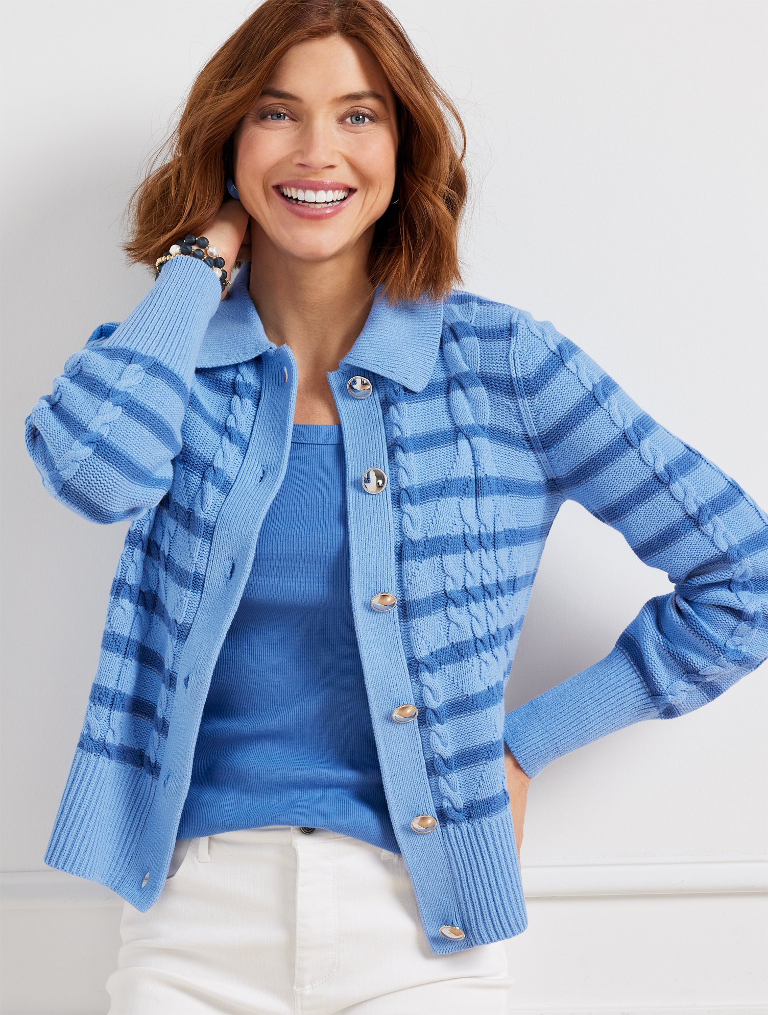 Talbots Cable Knit Collared Cardigan Sweater - Stripe - Laguna Blue - 1x