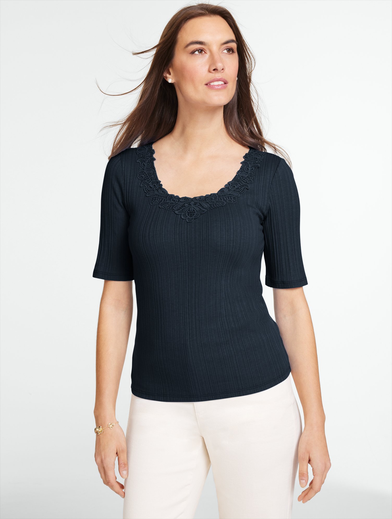 Lace Trim V-Neck Ribbed Top