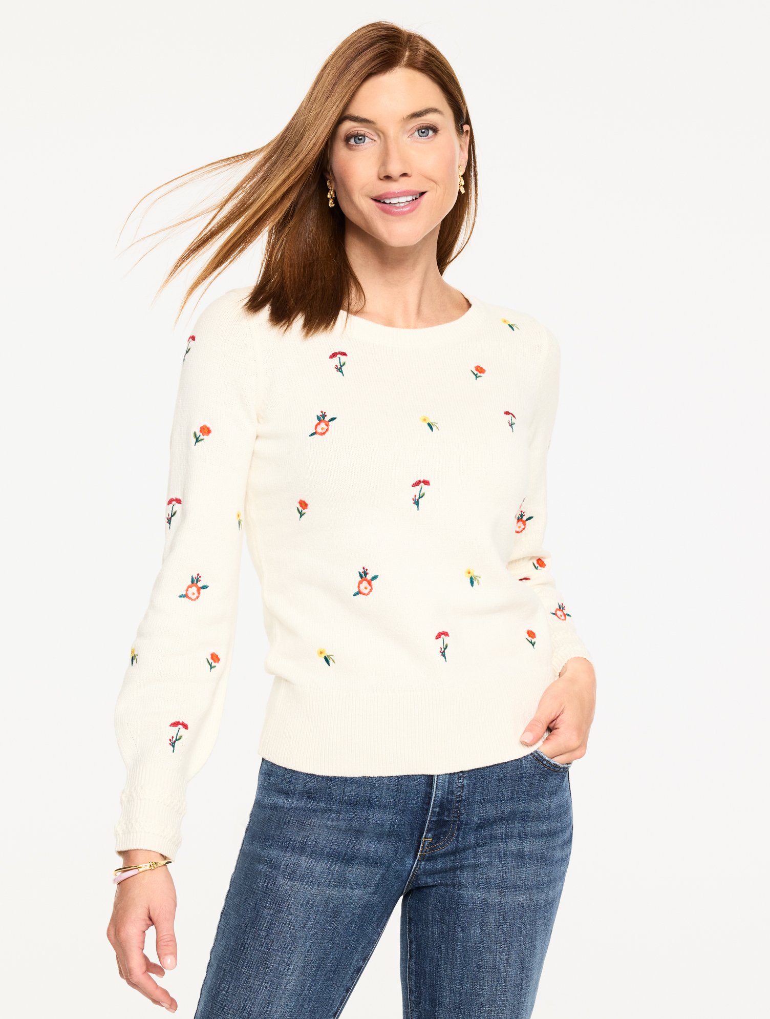 Embroidered Crewneck Sweater - Tossed Flowers