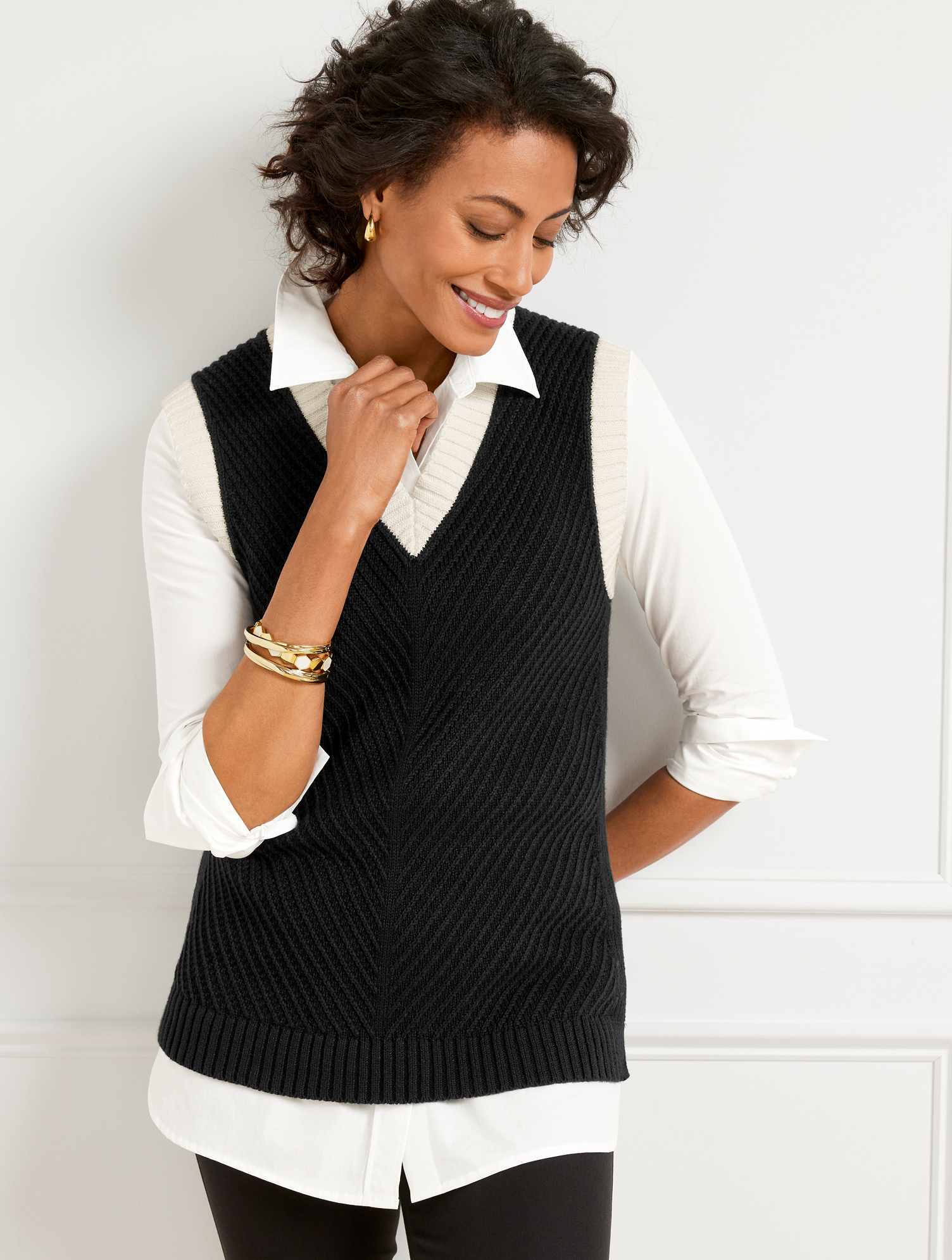 Talbots Petite - Chevron Knit Sweater Vest - Tipped - Black/ivory - Xl  In Black,ivory