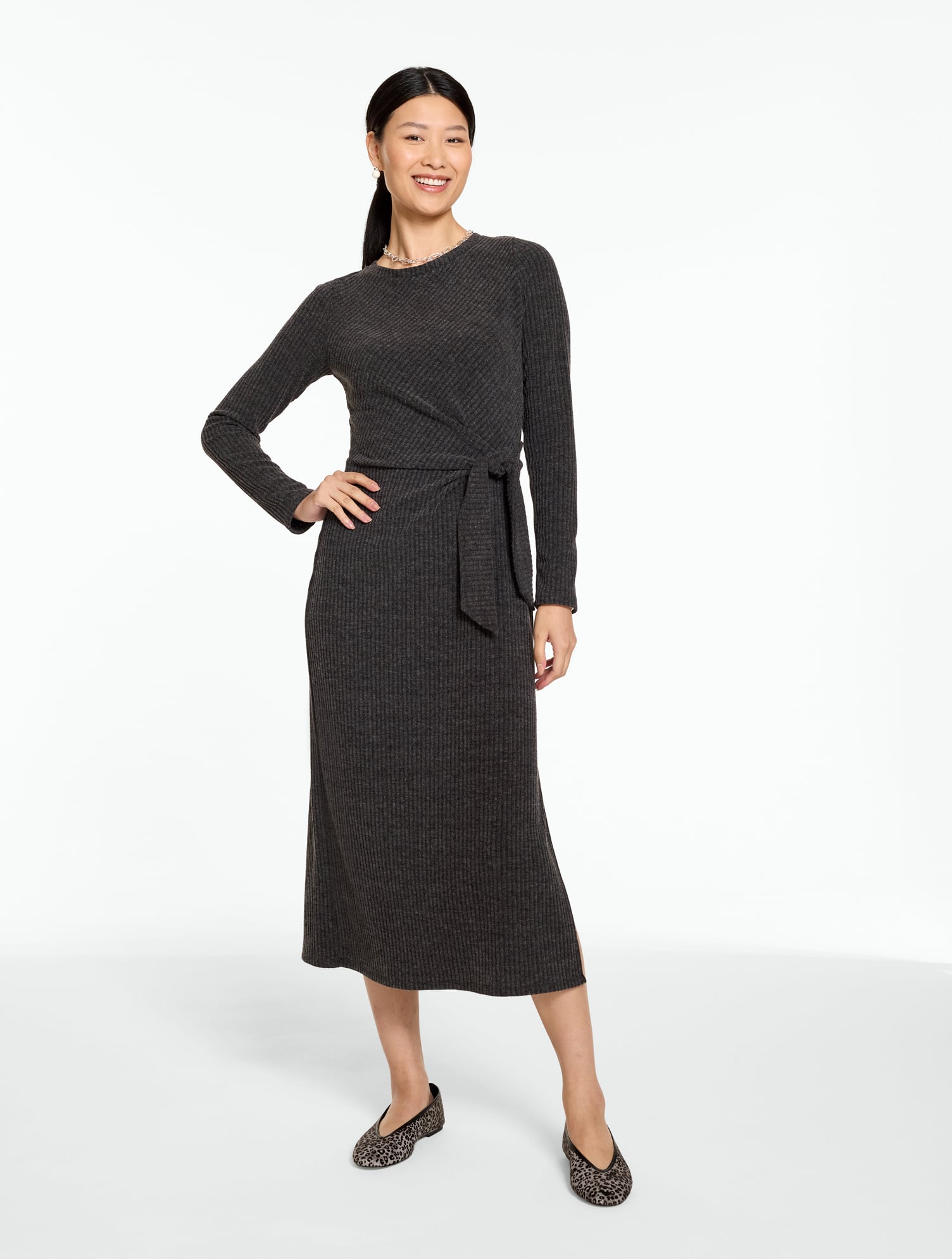 Ribbed Side Tie Jersey Midi Dress