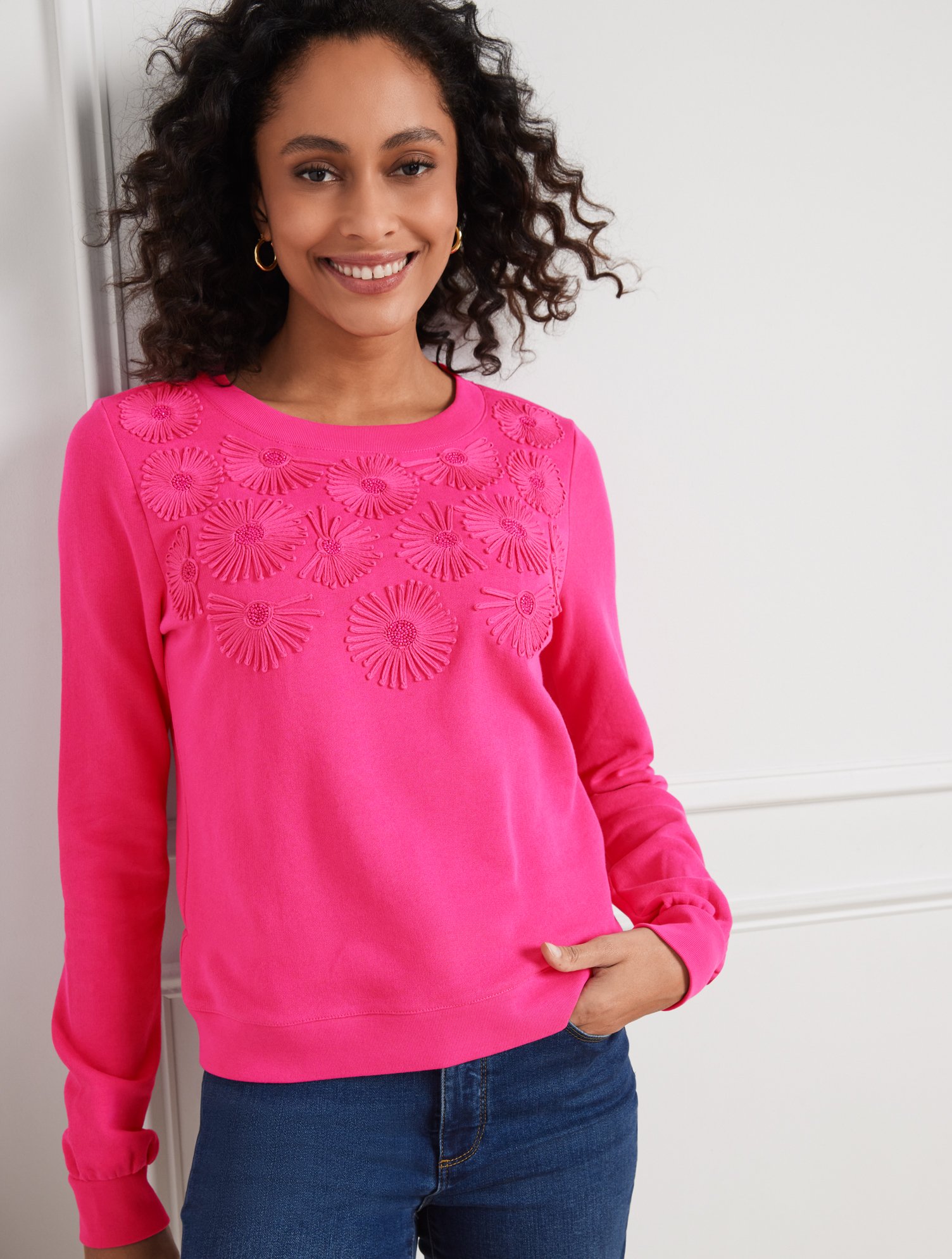 Talbots Plus Size - Embroidered Crewneck Sweatshirt - Vivid Pink - 1x - 100% Cotton