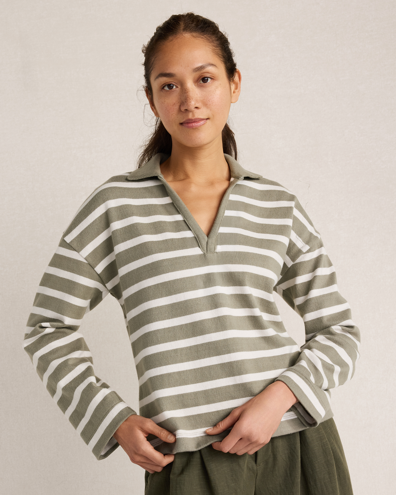 Organic Cotton Striped Johnny Collar Top