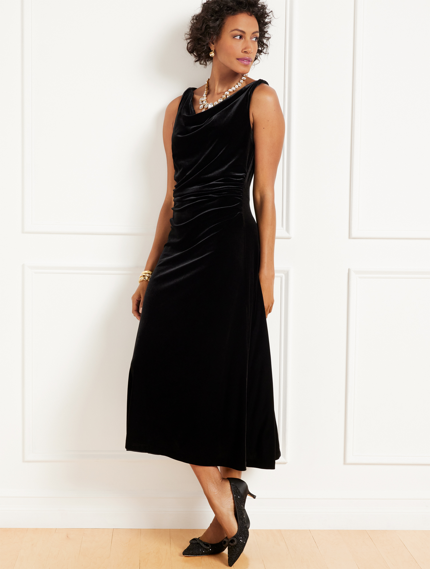 Talbots Plus Size - Velvet Draped Midi Dress - Black - 24