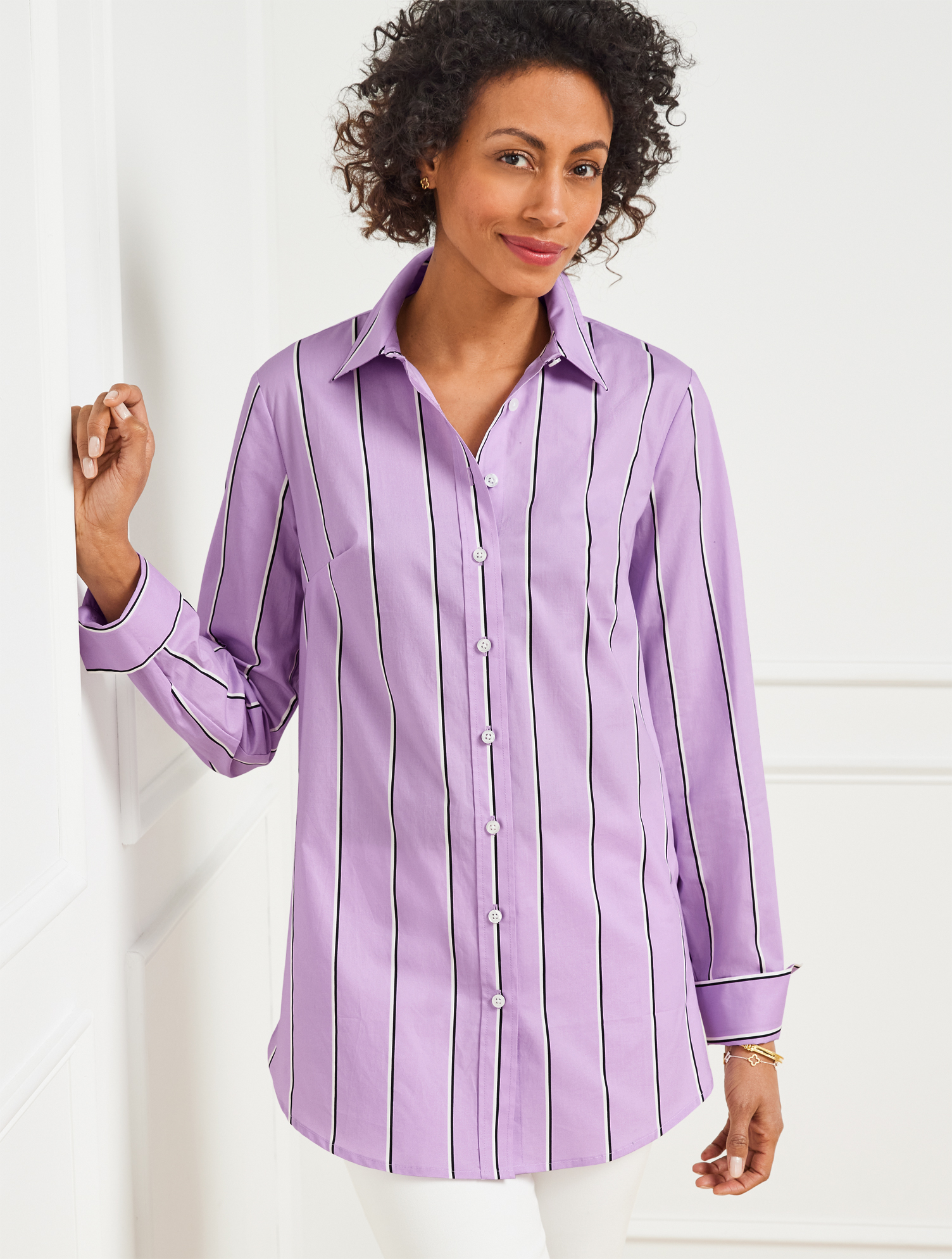 Talbots Petite - Boyfriend Shirt - Weekend Stripe - Spring Lilac - Large - 100% Cotton