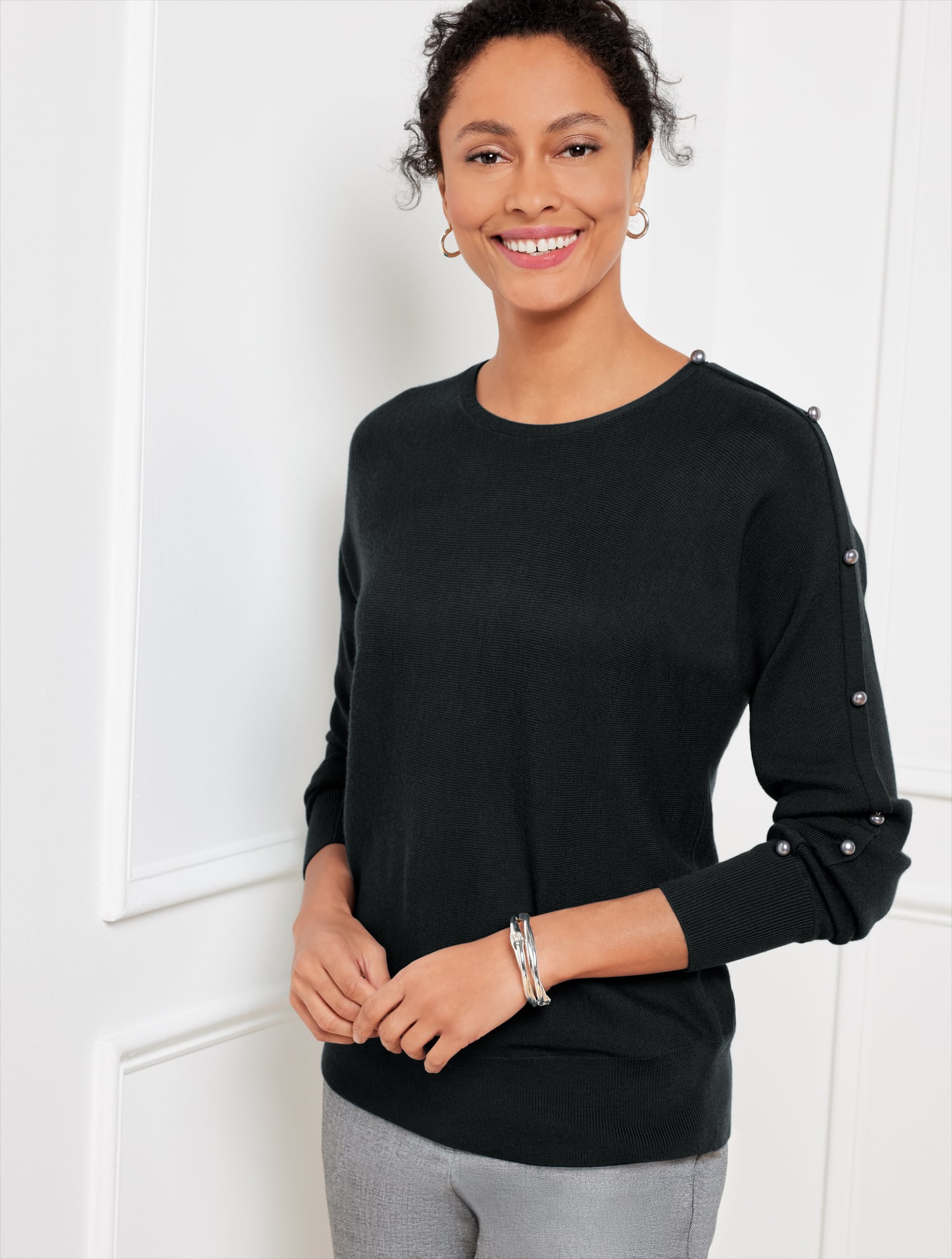 Petite - Wool Blend Button Dolman Sweater - Black - Medium Talbots