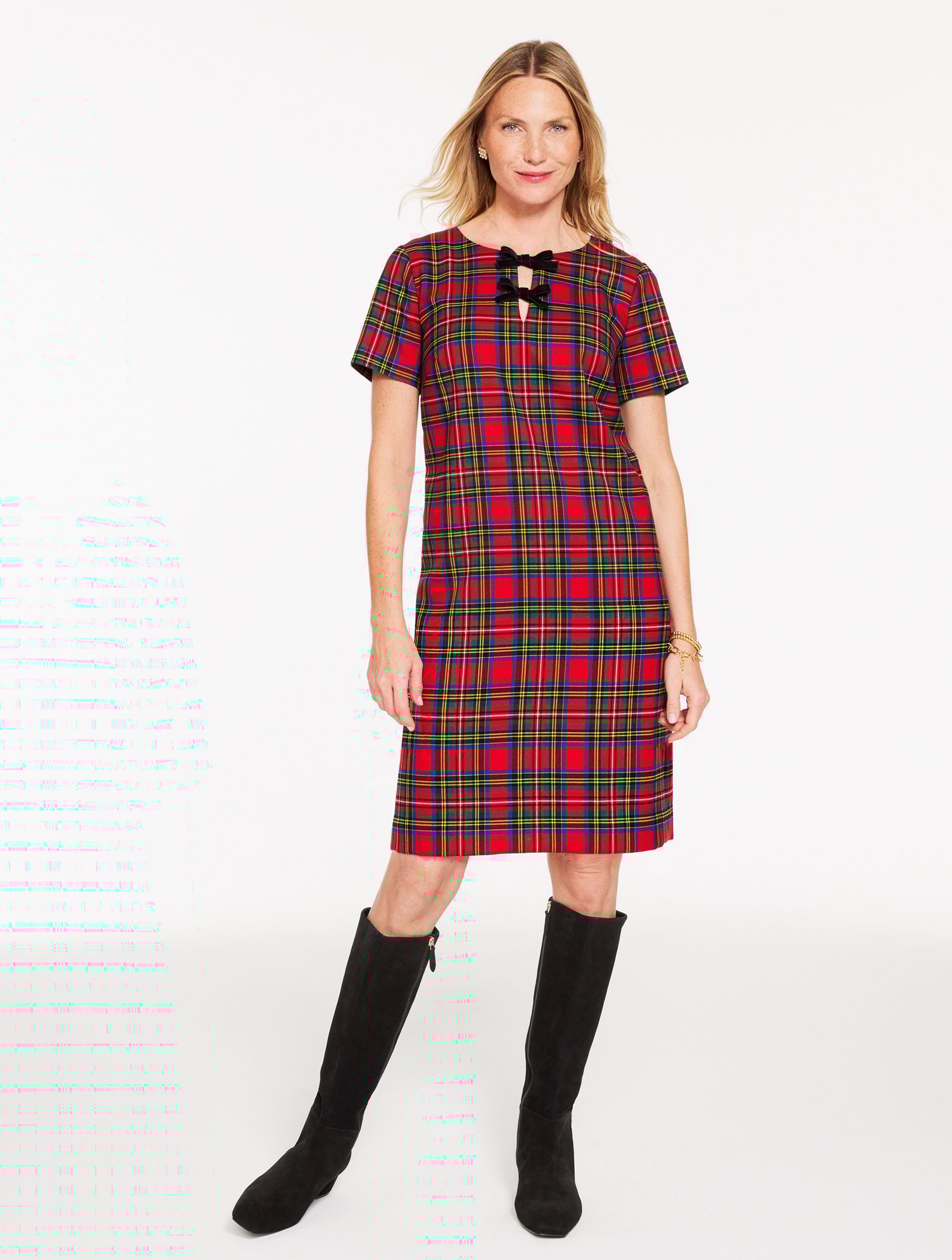 Talbots Petite - Bow A-line Dress - Blissful Plaid - Red - 12  In Red