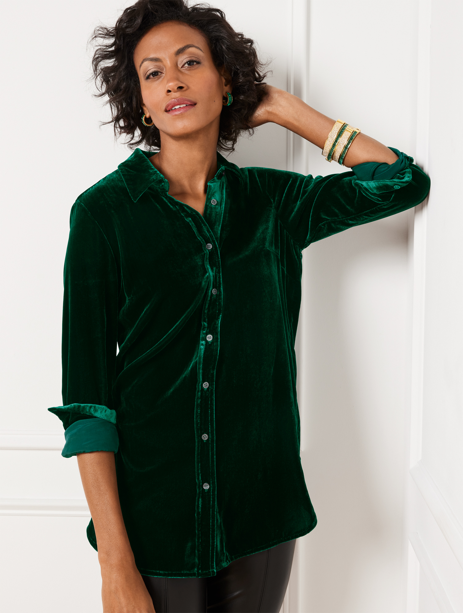 TALBOTS EFFORTLESS VELVET BOYFRIEND SHIRT - DARK GREEN - SMALL TALBOTS