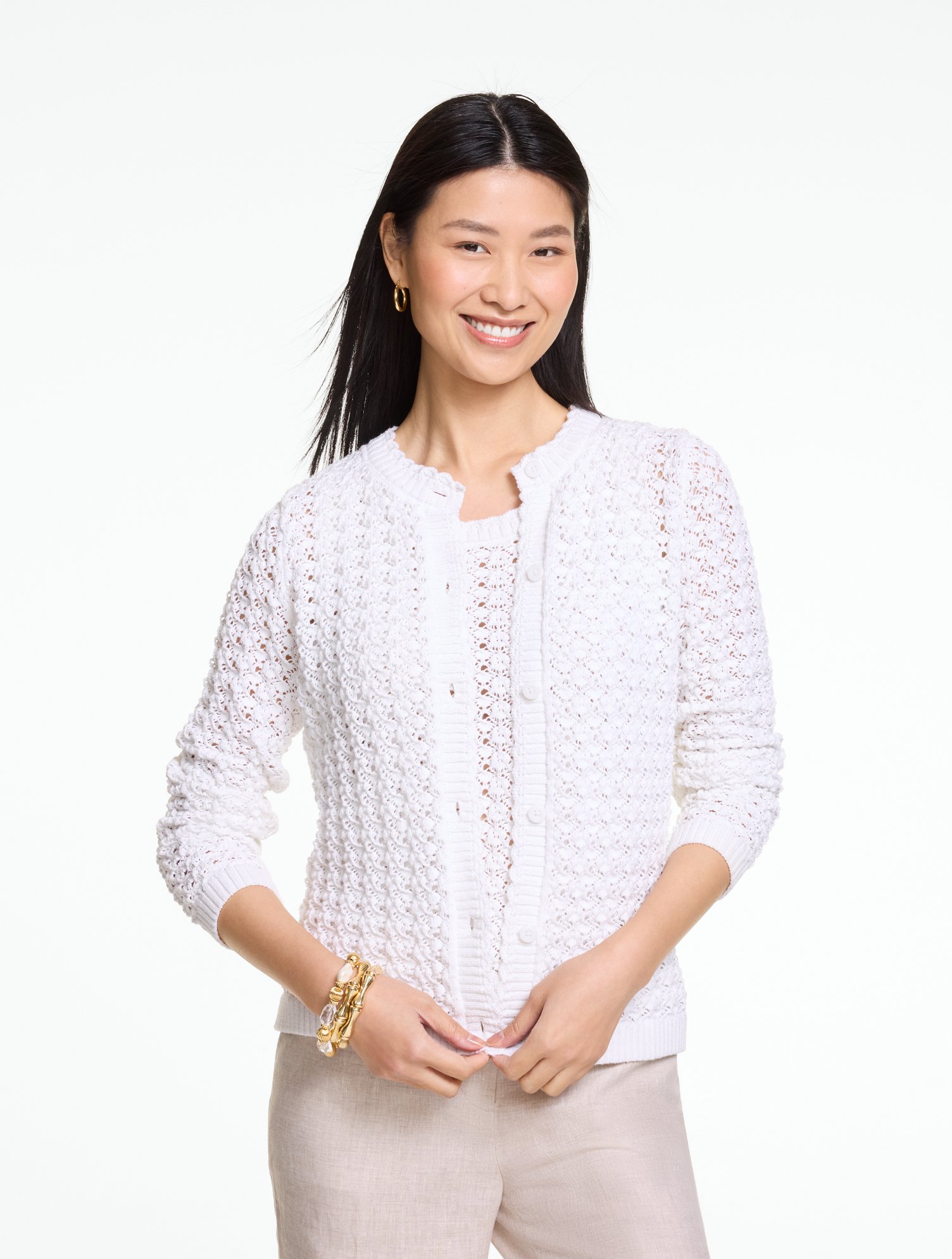Textured Open Stitch Crewneck Cardigan