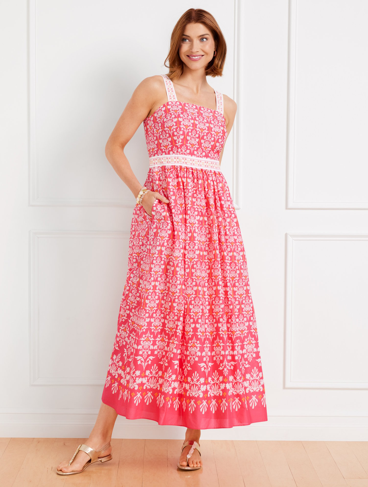 Shop Talbots Plus Size - Voile Fit & Flare Maxi Dress - Damask Bouquets - Lovely Coral/white - 22 - 100% Cotton T In Lovely Coral,white