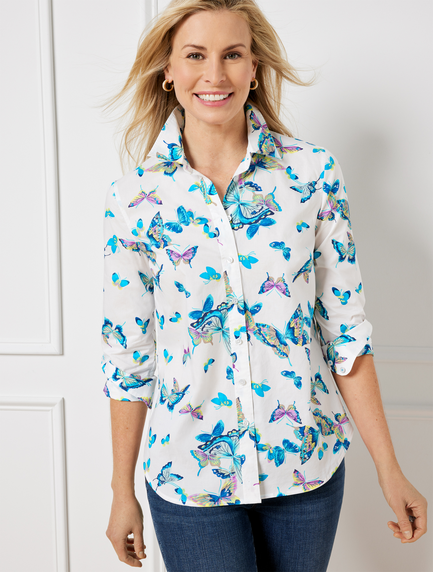 Talbots Cotton Button Front Shirt - Exquisite Butterfly - White