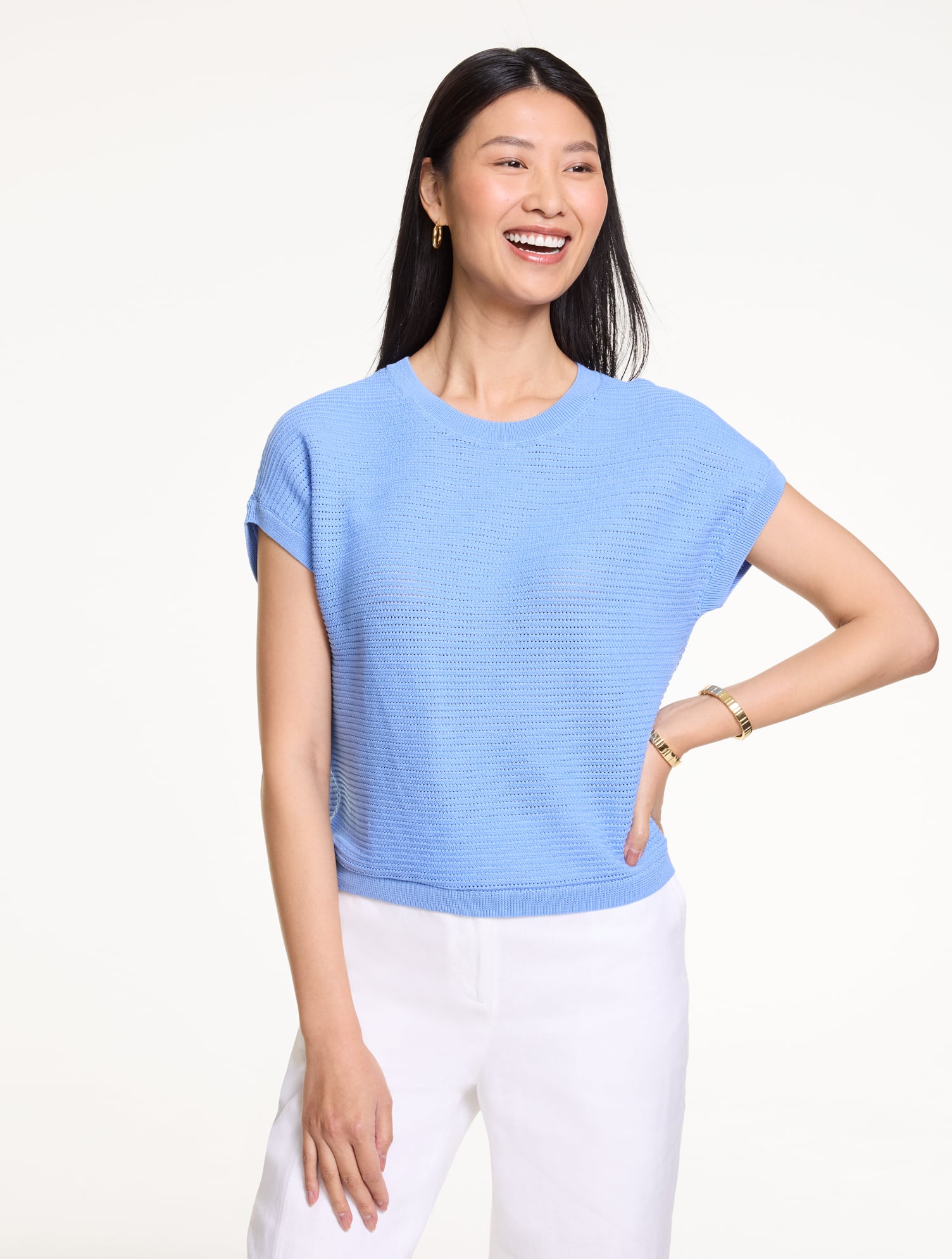 Extended Shoulder Crewneck Sweater - Vista Blue - Small - 100% Cotton Talbots