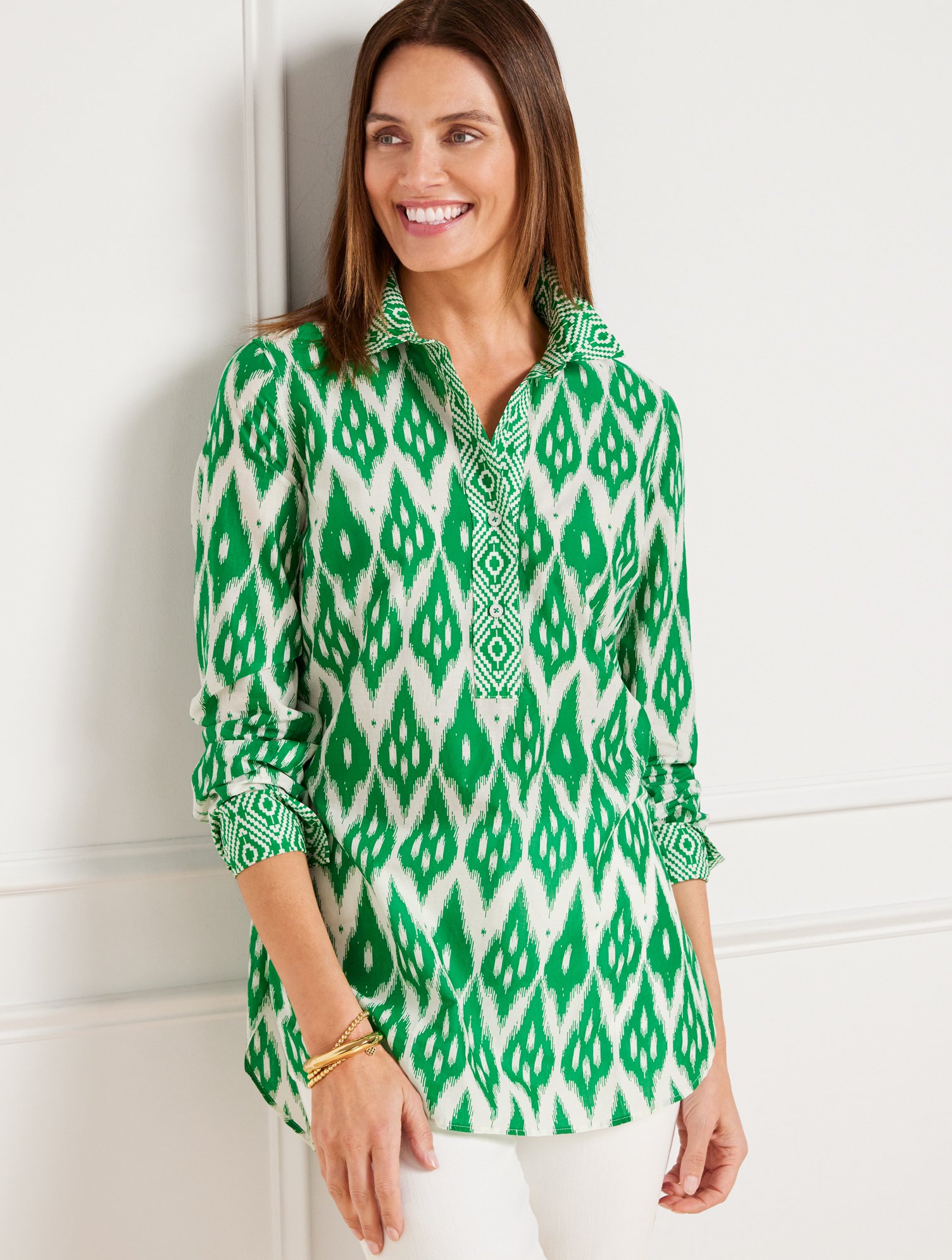 Talbots Leafy Ikat Border Tunic Top - Spring Leaves/ivory - Xl - 100% Cotton  In Spring Leaves,ivory