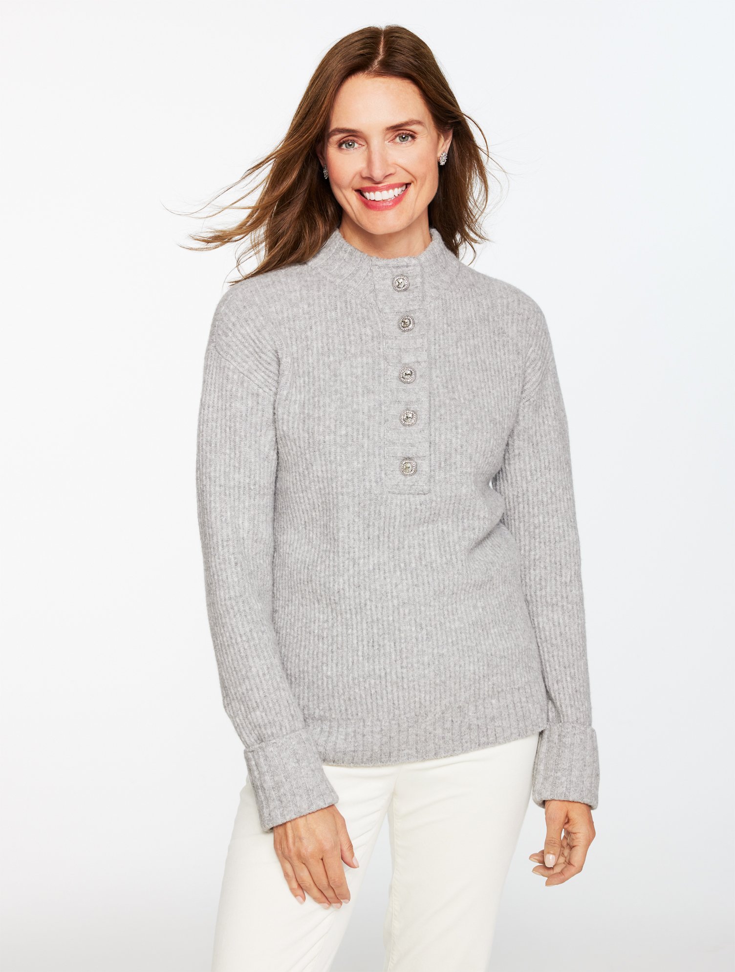 Talbots Plus Petite - Jewel Button Henley Sweater - Grey Sky Heather - 3x