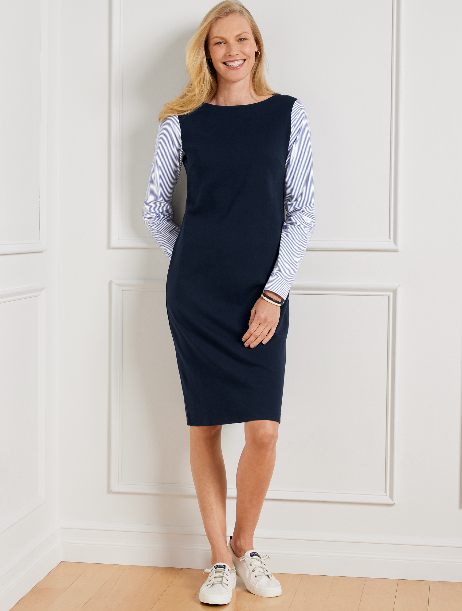 Talbots Stripe Interlock Shift Dress - Blue - Large - 100% Cotton