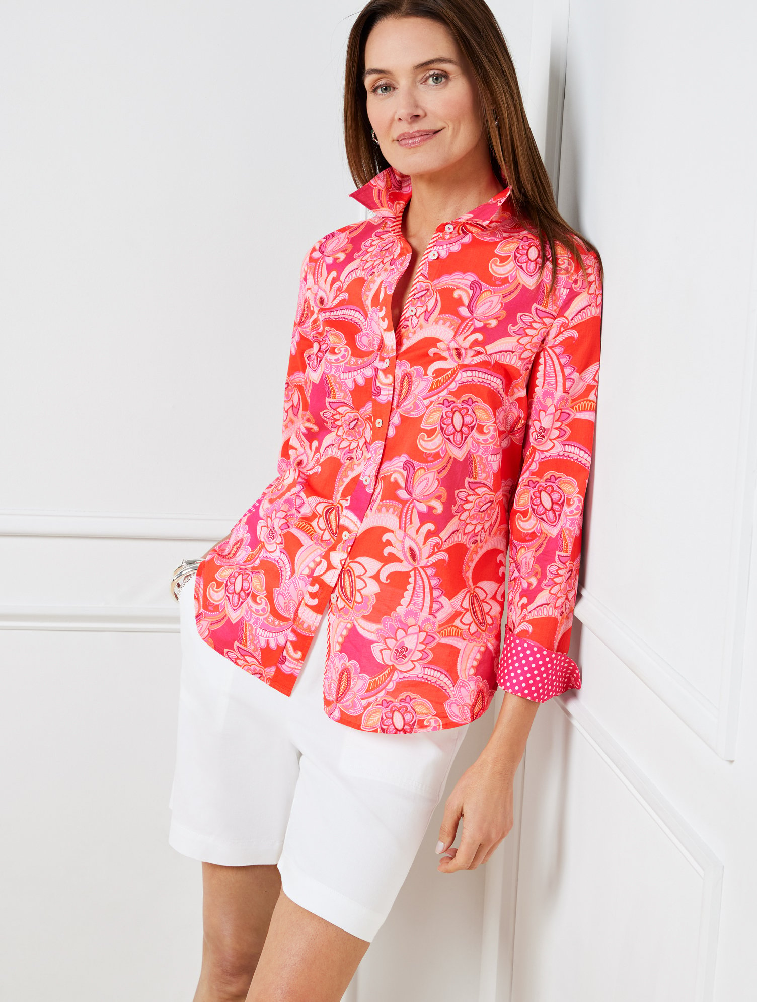 Talbots Cotton Button Front Shirt - Charming Floral - Orange/pink Geranium - 1x  In Orange,pink Geranium