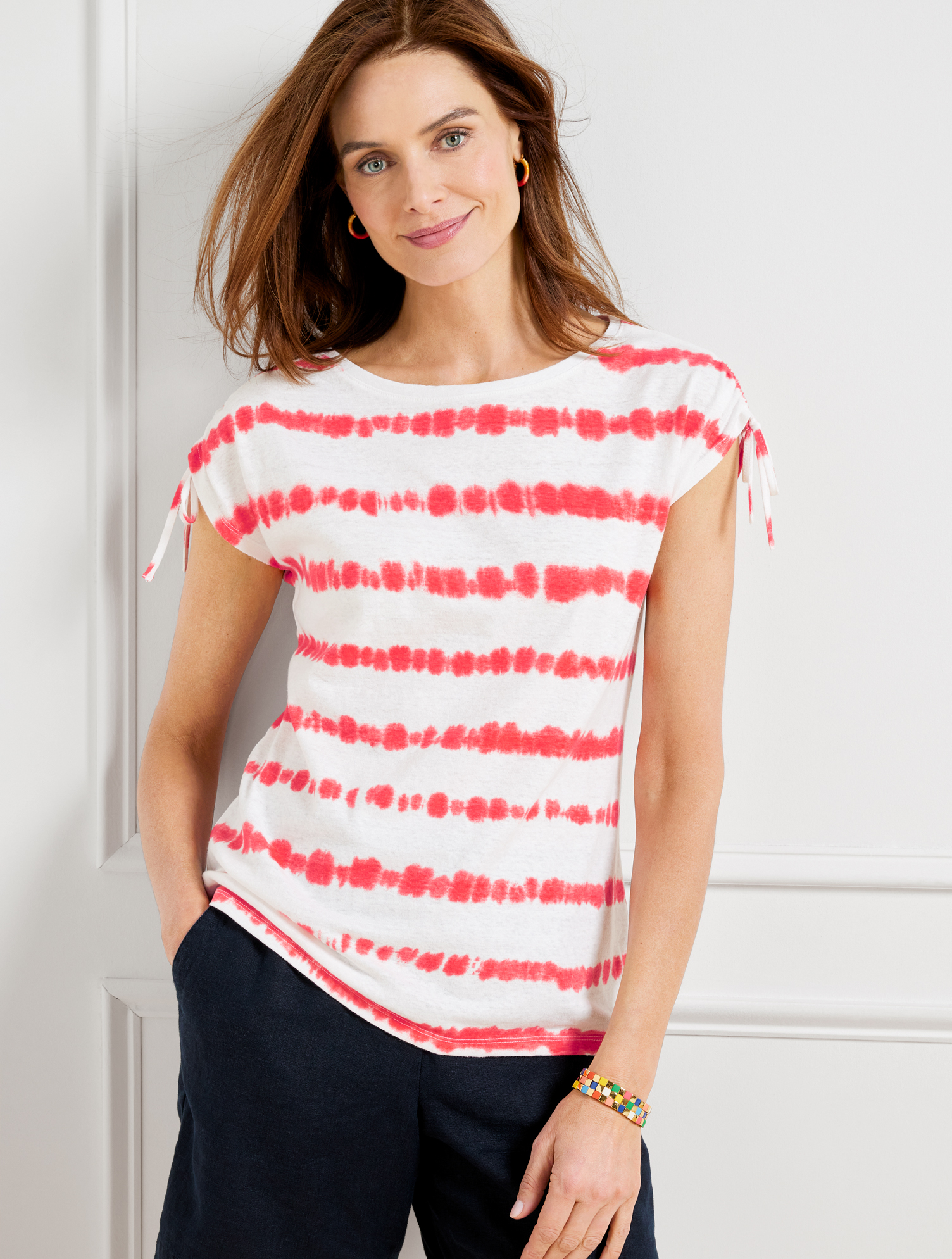 Talbots Petite - Cinched Shoulder Bateau Neck T-shirt - Tie-dye Stripe - White/red - Xl  In White,red