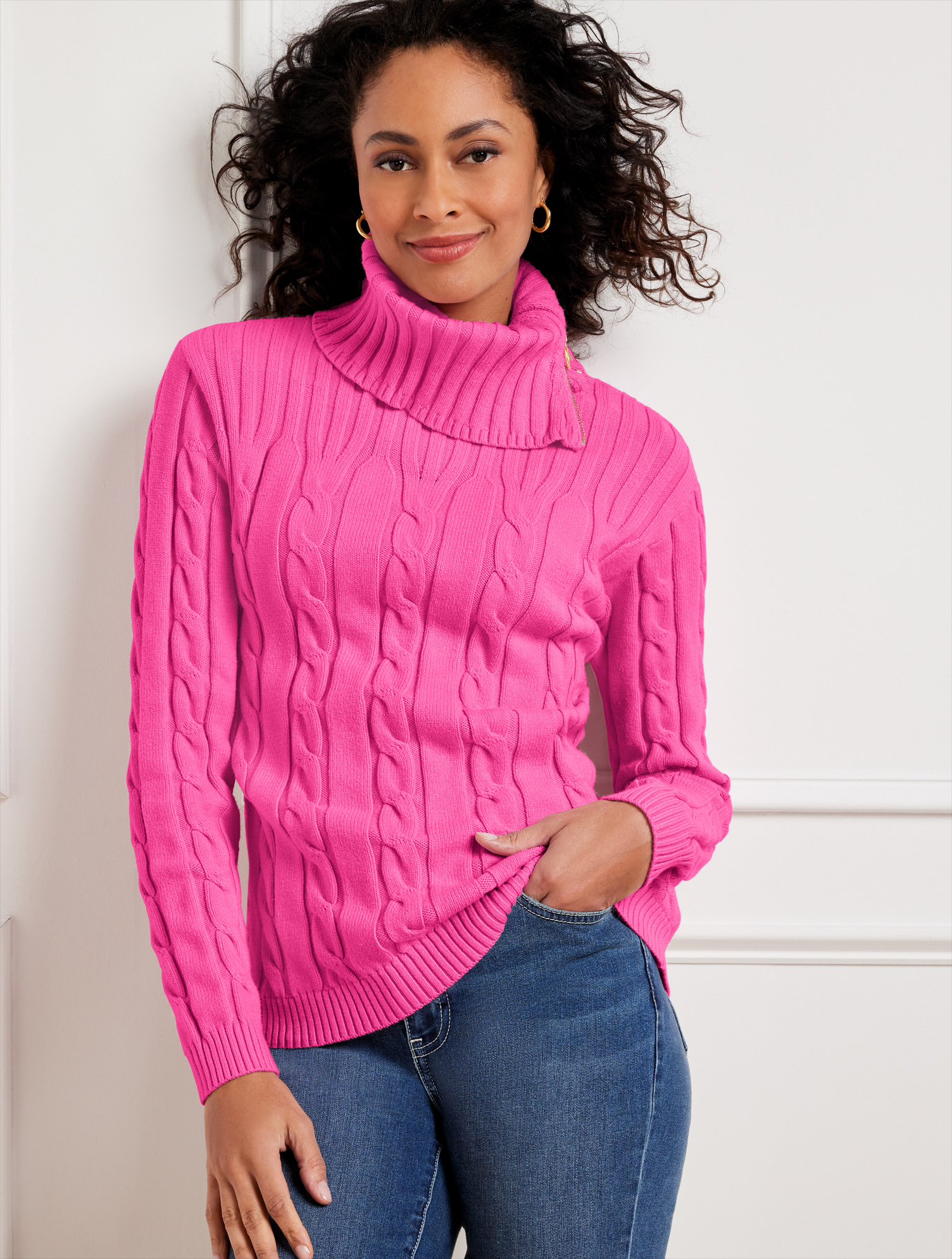 Cable Knit Zip Cowl-Neck Sweater | Talbots