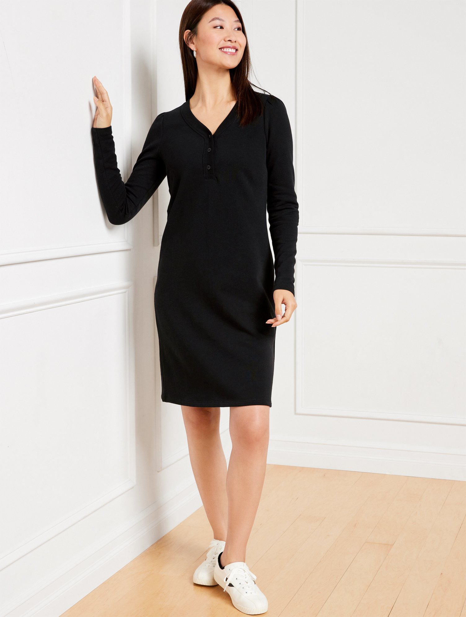 Talbots French Terry V-neck Sweatshirt Dress - Black - Medium - 100% Cotton