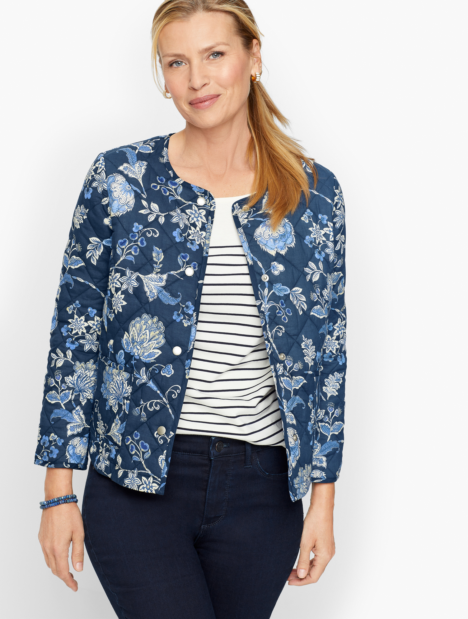 Talbots Jacobean Quilted Jacket - Blue - Xs - 100% Cotton