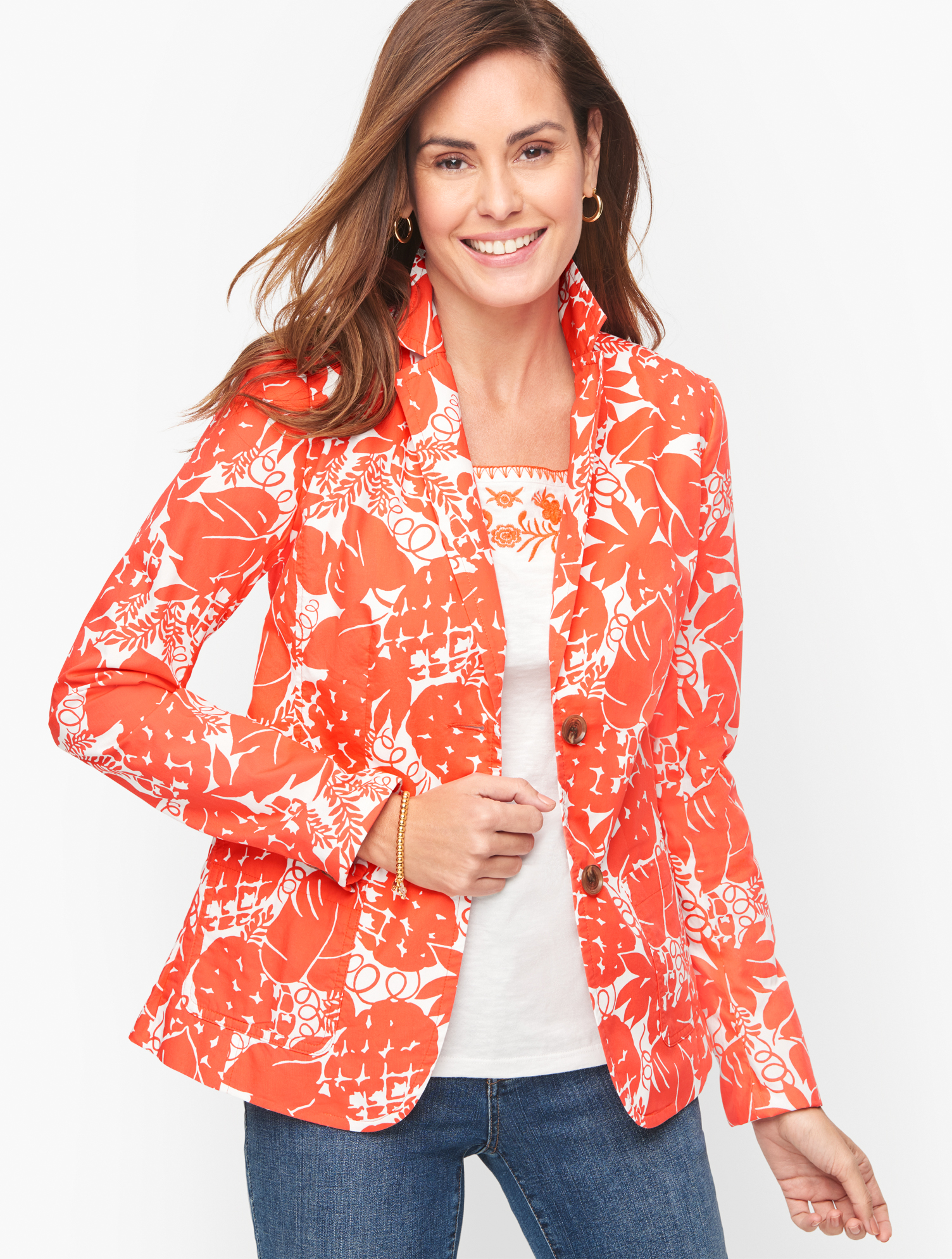 Talbots Casual Cotton Blazer - Tropical Pineapple - White/hot Coral - 2  In White,hot Coral