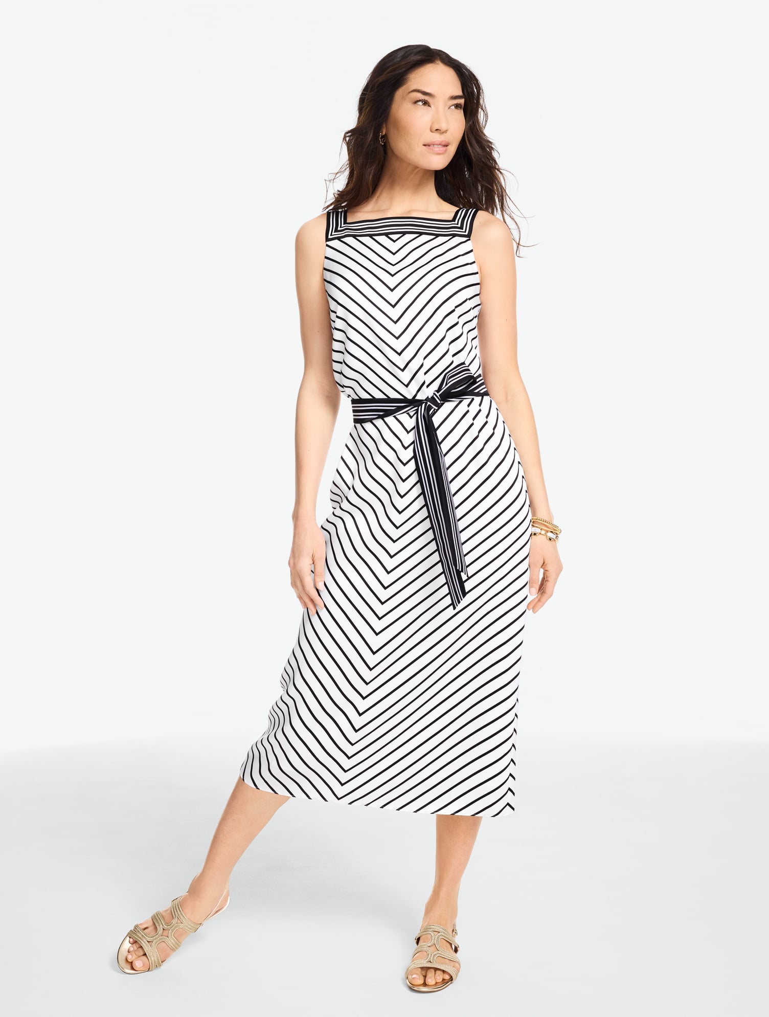 Petite - Soft Midi Dress - Garden Stripe - White/Black - 4 Talbots