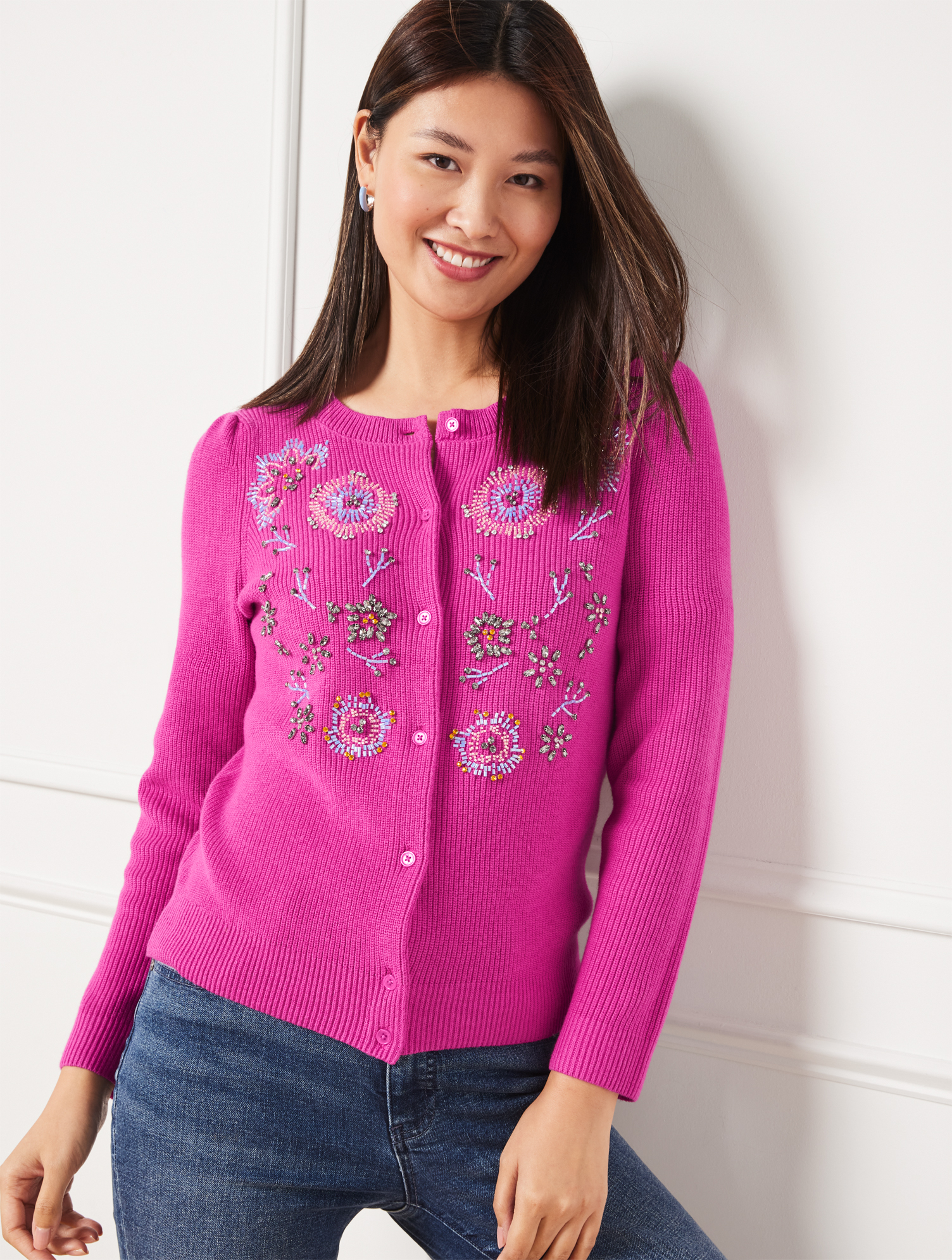 Talbots Plus Size - Floral Embellished Cardigan Sweater - Festive Fuchsia - 3x