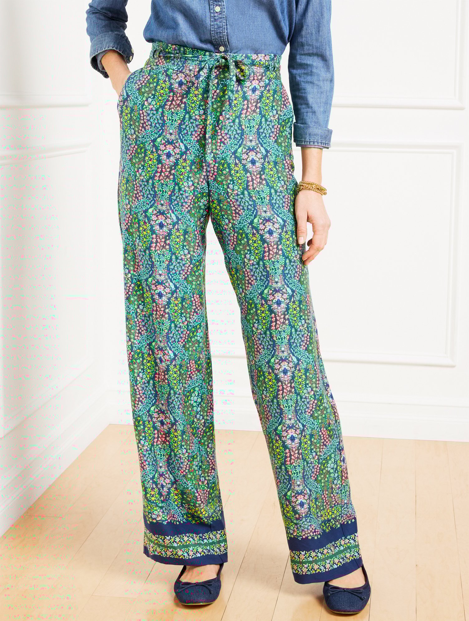 Wide Leg Pull-On Pants - Branching Floral