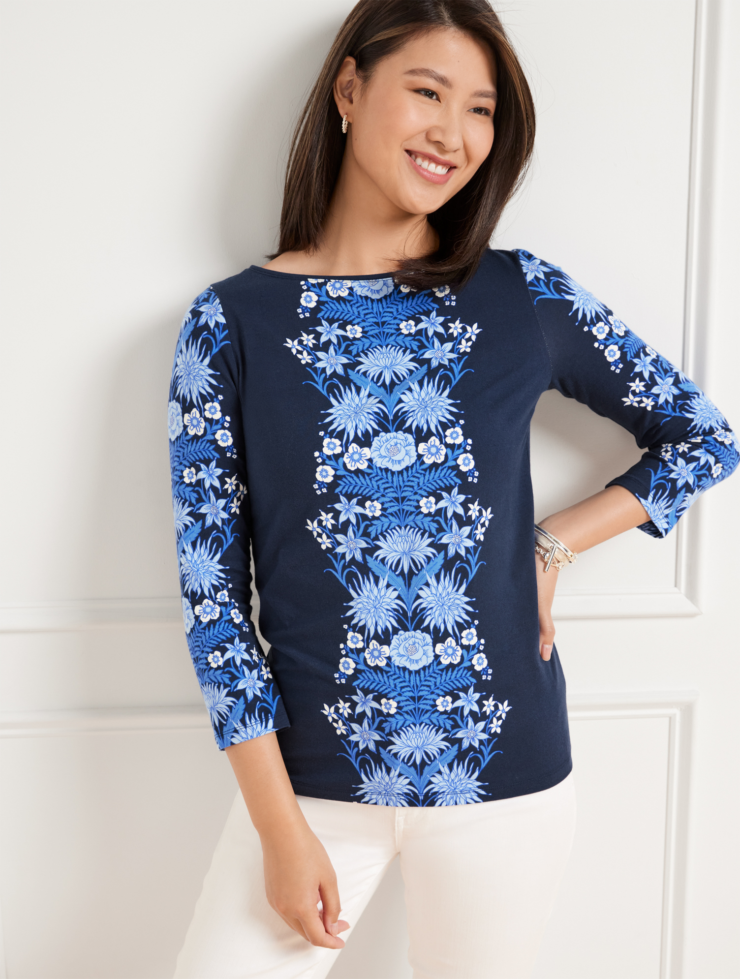 Talbots Bateau Neck T-shirt - Vertical Flowers - Ink/lakeshore Blue - Large  In Ink,lakeshore Blue