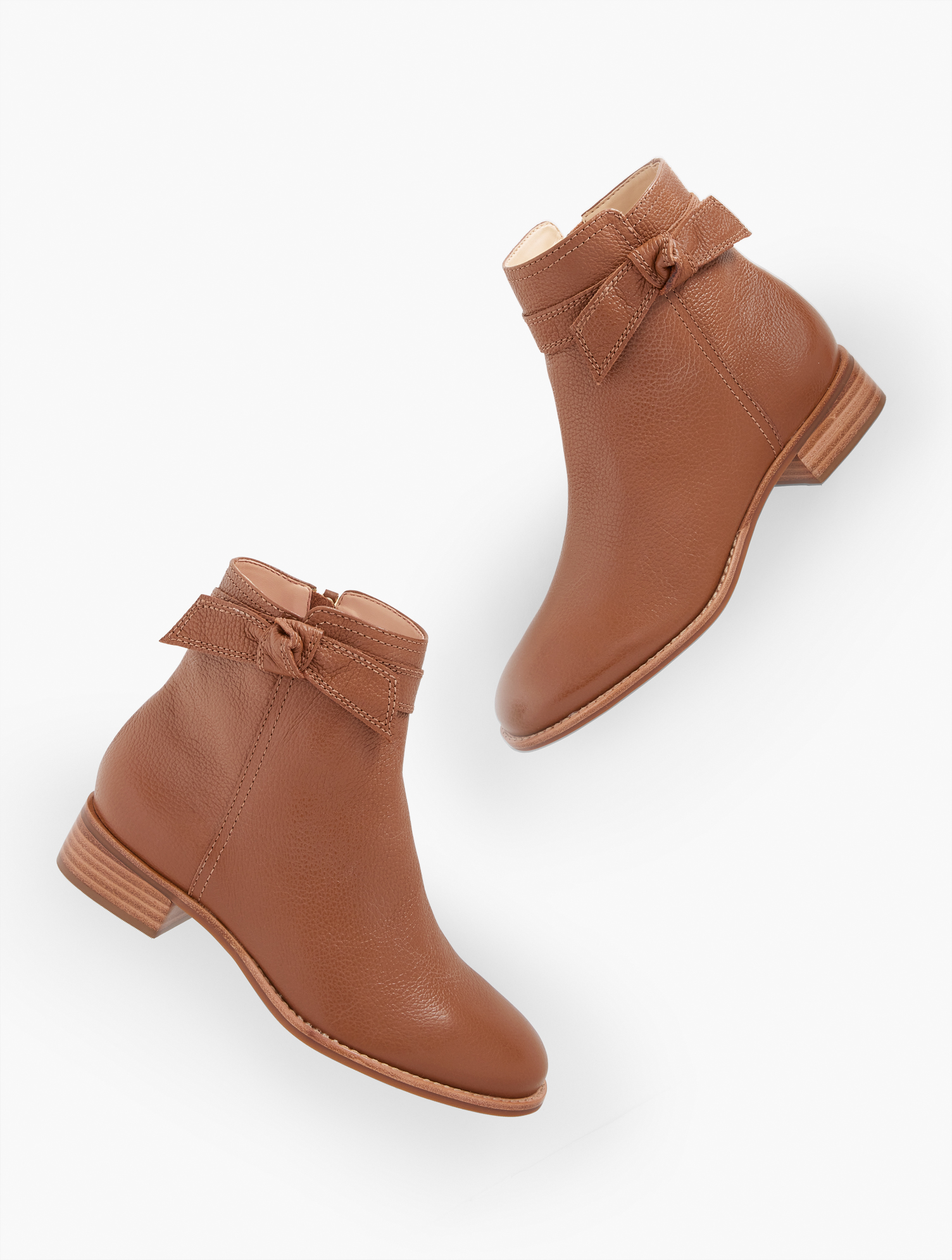 Talbots Tish Bow Ankle Boots - Pebble Leather - Cognac - 6m