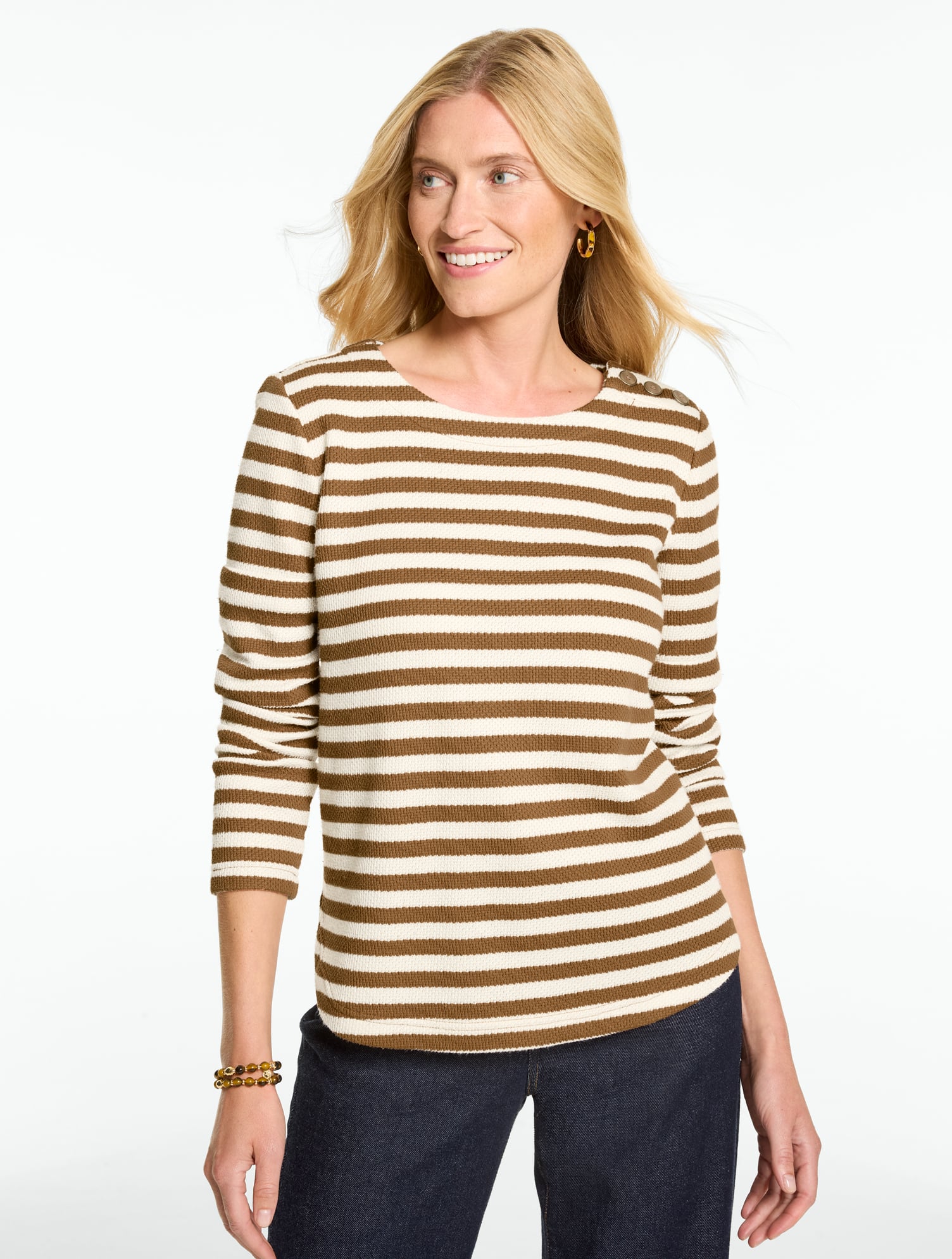 Button Shoulder Crewneck Pullover - Stripe