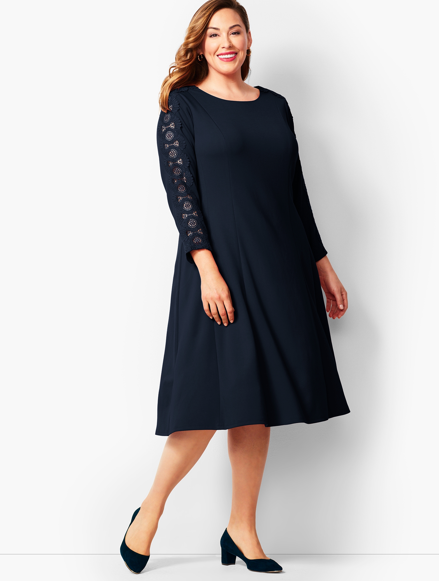 Lace Sleeve Ponte Fit & Flare Dress | Talbots Lace Sleeve Ponte Fit & Flare Dress | Talbots