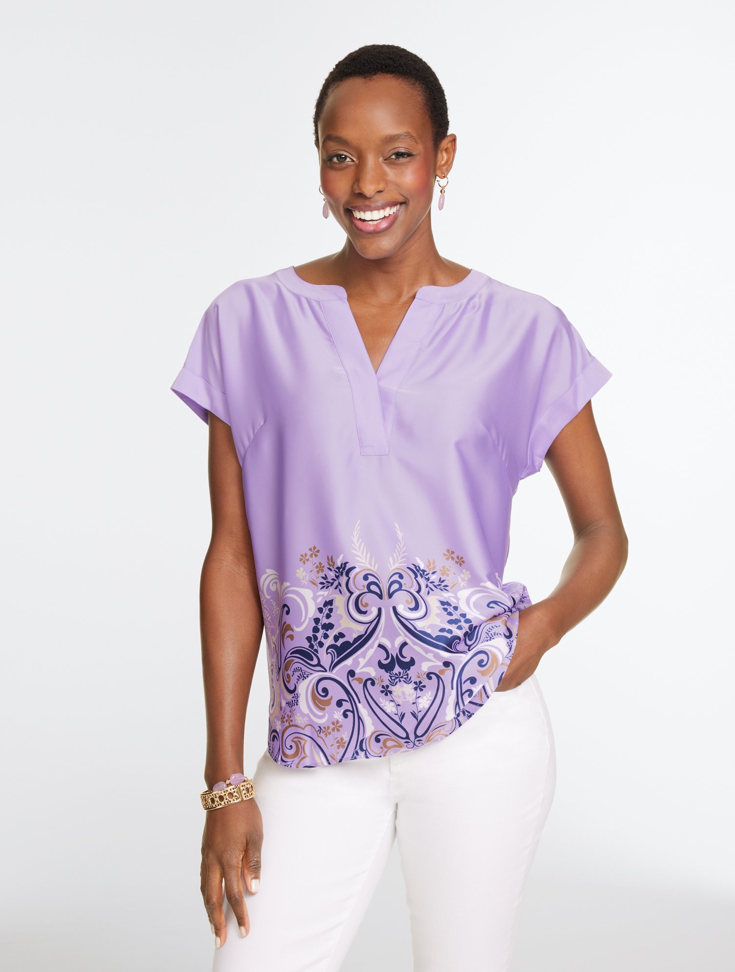 Soft Satin Charmeuse Split Neck Top - Garden Paisley