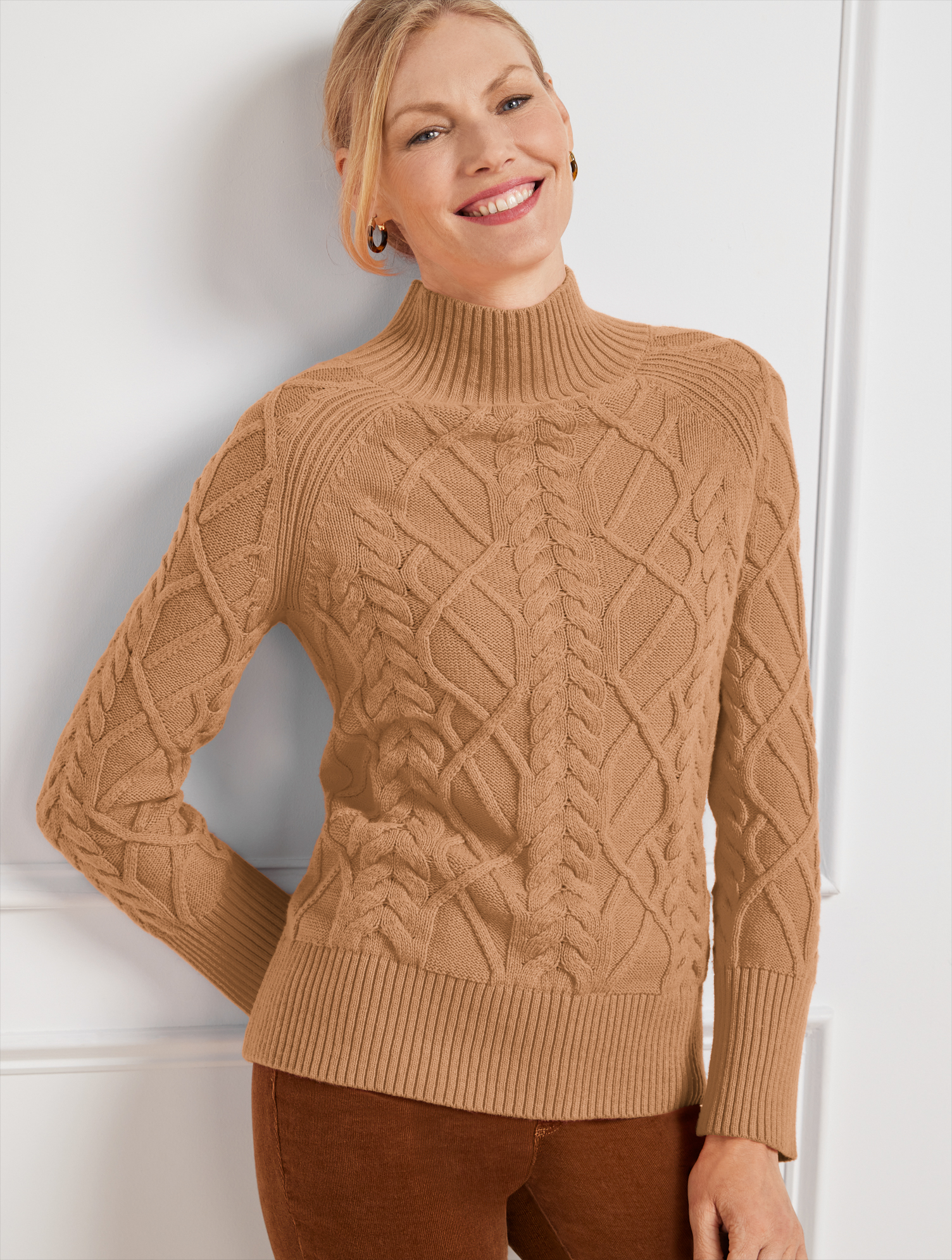 Talbots Plus Size - Cable Knit Funnel Neck Sweater - Camel Heather - 1x