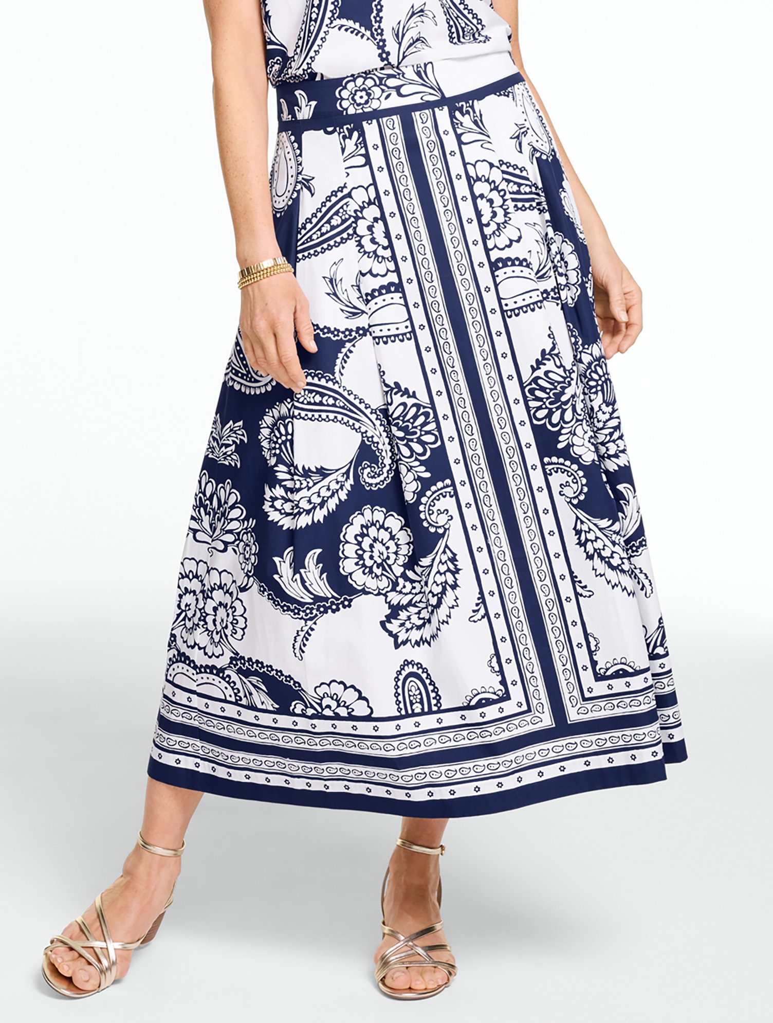 Poplin Pleated Midi Skirt - Twirling Paisley