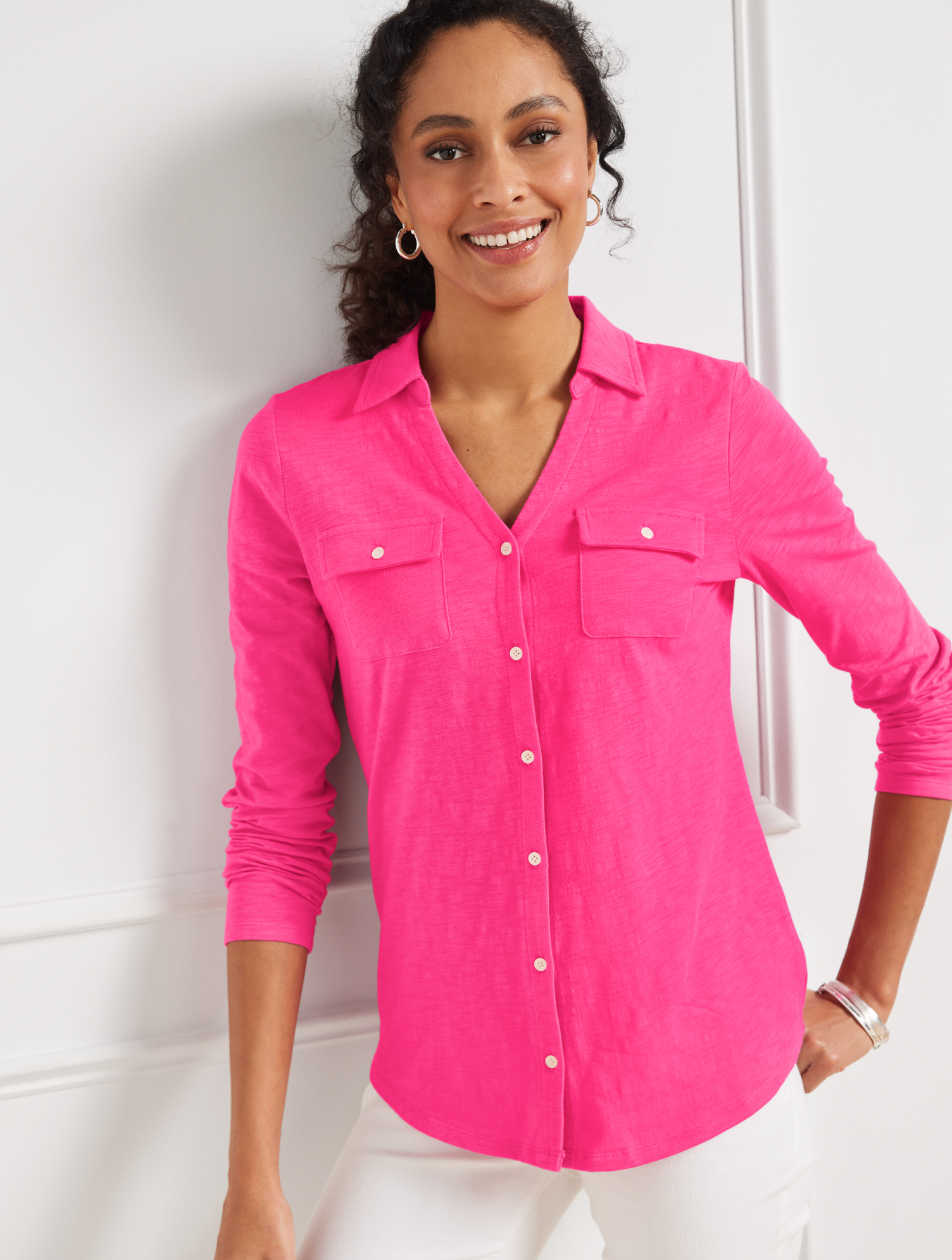 Talbots Knit Button Front Shirt - Vivid Pink - Xl - 100% Cotton