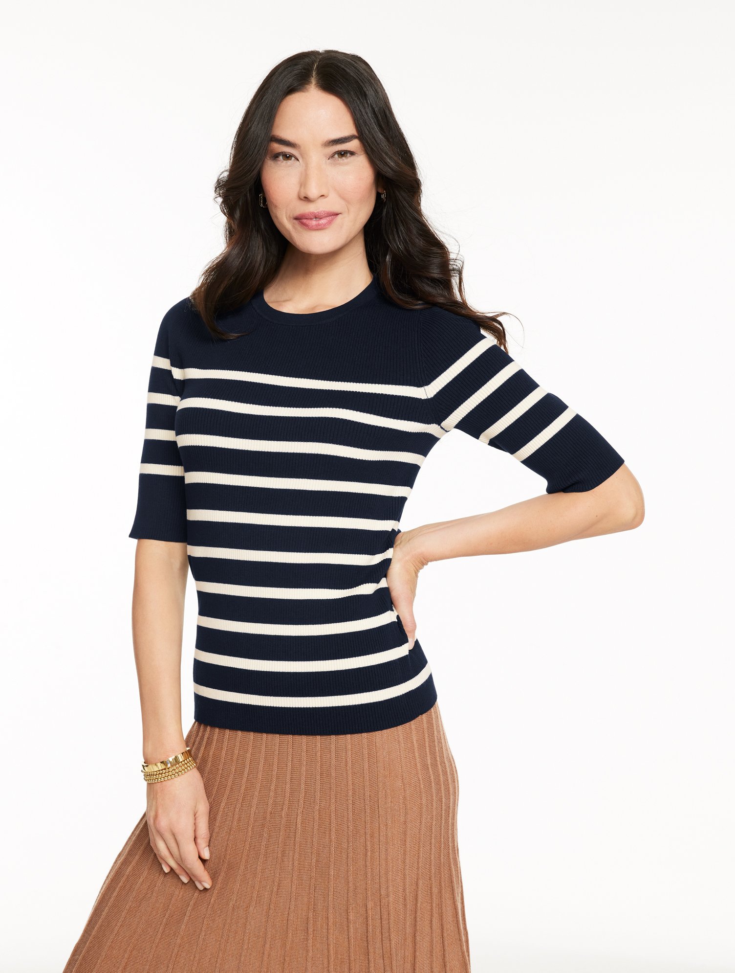 Elbow Sleeve Ribbed Crewneck Sweater - Stripe