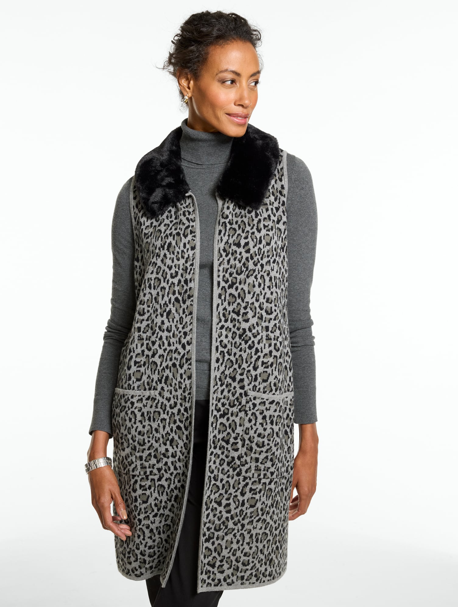 Leopard Knit Faux Fur Vest