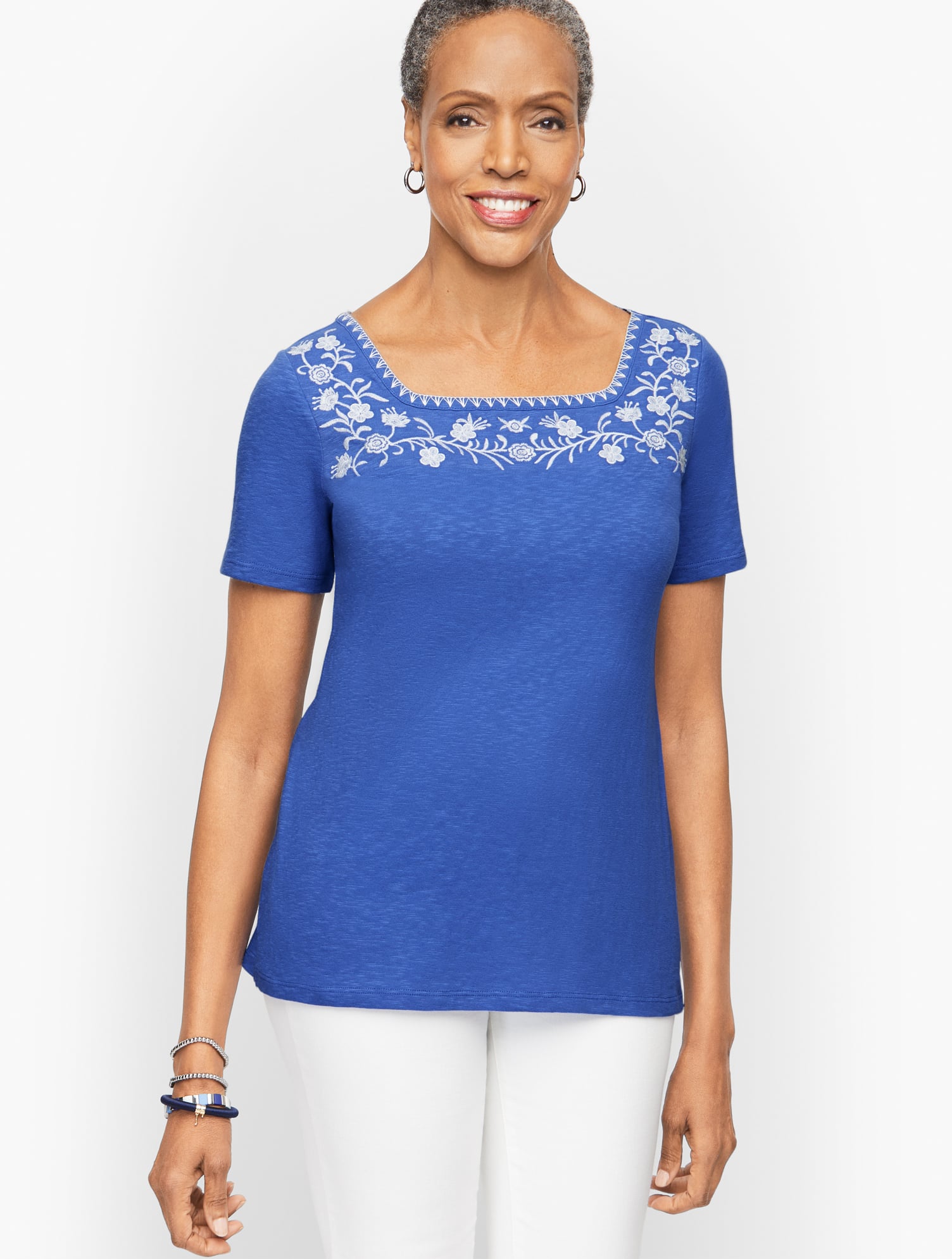 Embroidered Square Neck Top | Talbots