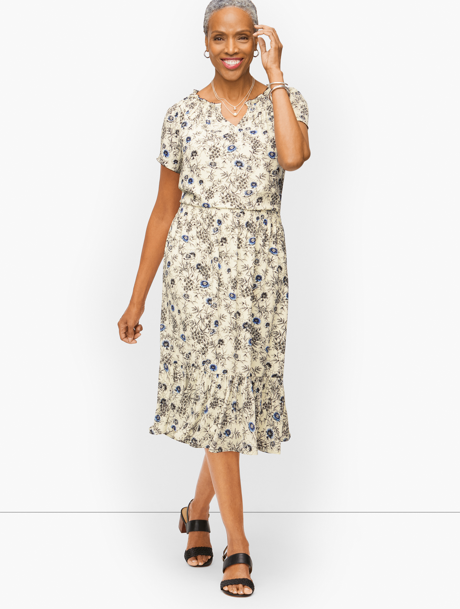 Talbots Smocked Fit & Flare Dress - Intricate Floral - Ivory/biscayne Blue - Small  In Ivory,biscayne Blue